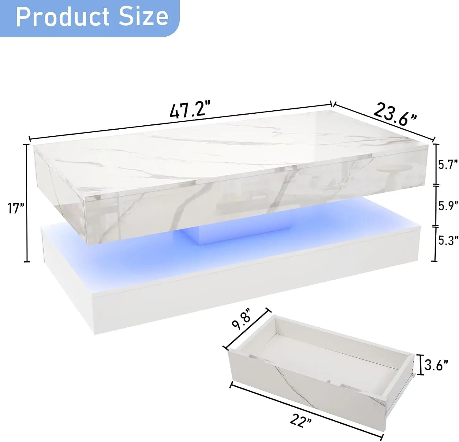 LED Coffee Table with Storage — Modern Faux Marble Coffee Table with Drawers for Living Room