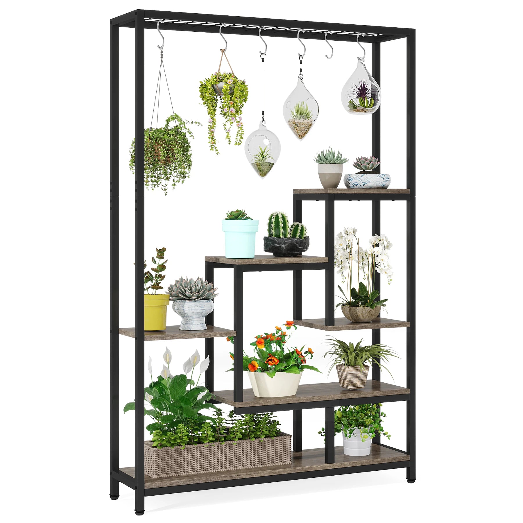 Industrial Metal Plant Stand with Hanging Hooks for Living Room — 5-Tier, 70.9in Tall
