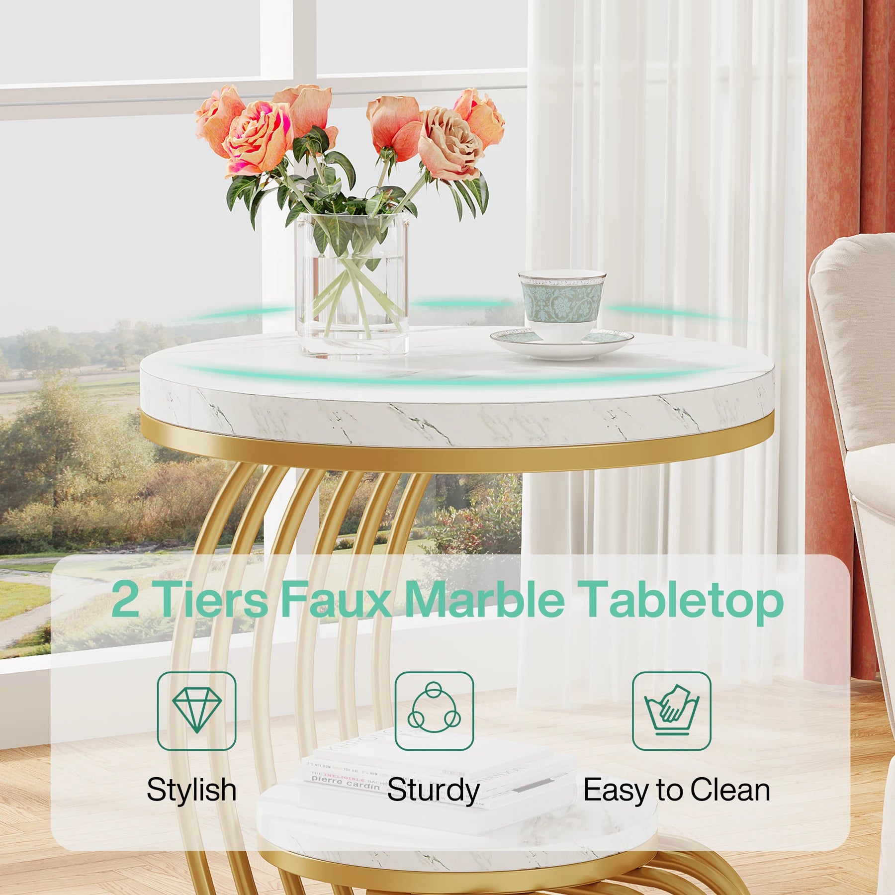 Gold Round Side Table with Faux-Marble Tiers for Living Room — 20-inch Sculptural Accent Table