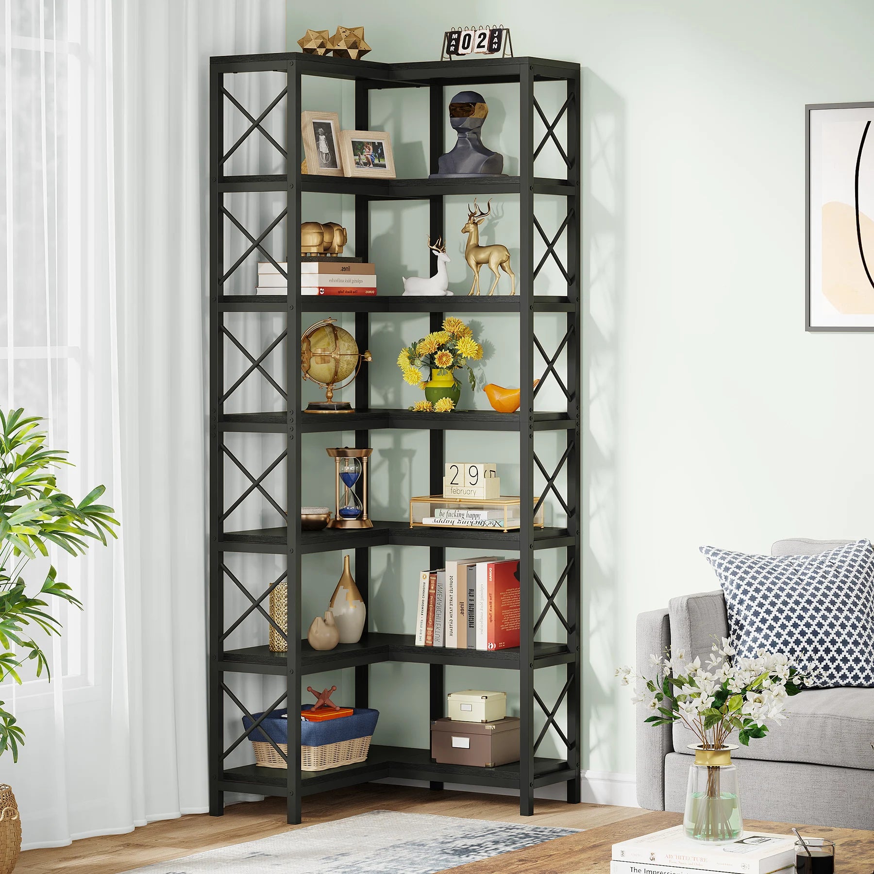 Industrial Corner Bookcase with 7 Shelves and Black Metal Frame for Living Room — 71" Tall
