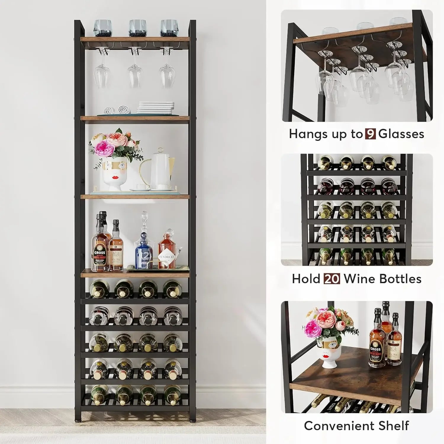 Industrial Wine Bakers Rack, 20-Bottle Freestanding Wine Rack with Glass Holder & Storage Shelves