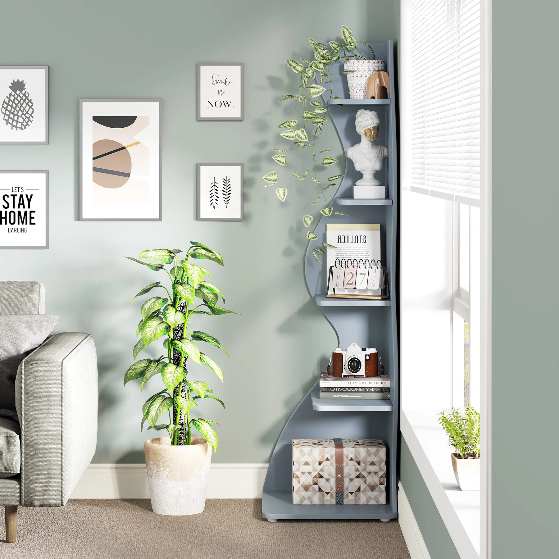 White Wave 5-Tier Corner Bookshelf with Curved Silhouette for Living Room — 65"H Floor Shelf