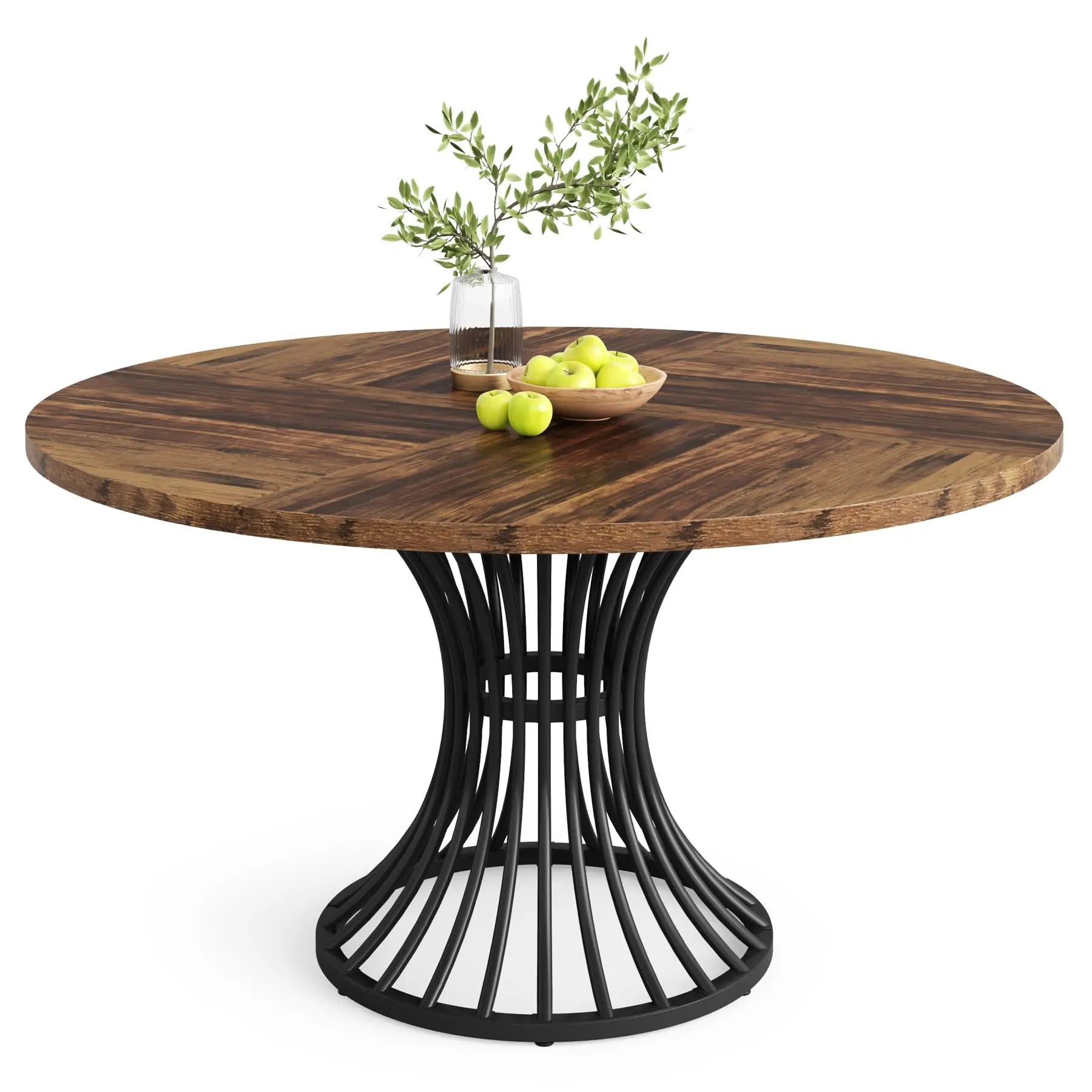 Walnut Round Dining Table with Sculptural Metal Pedestal for 4-6 — 47in