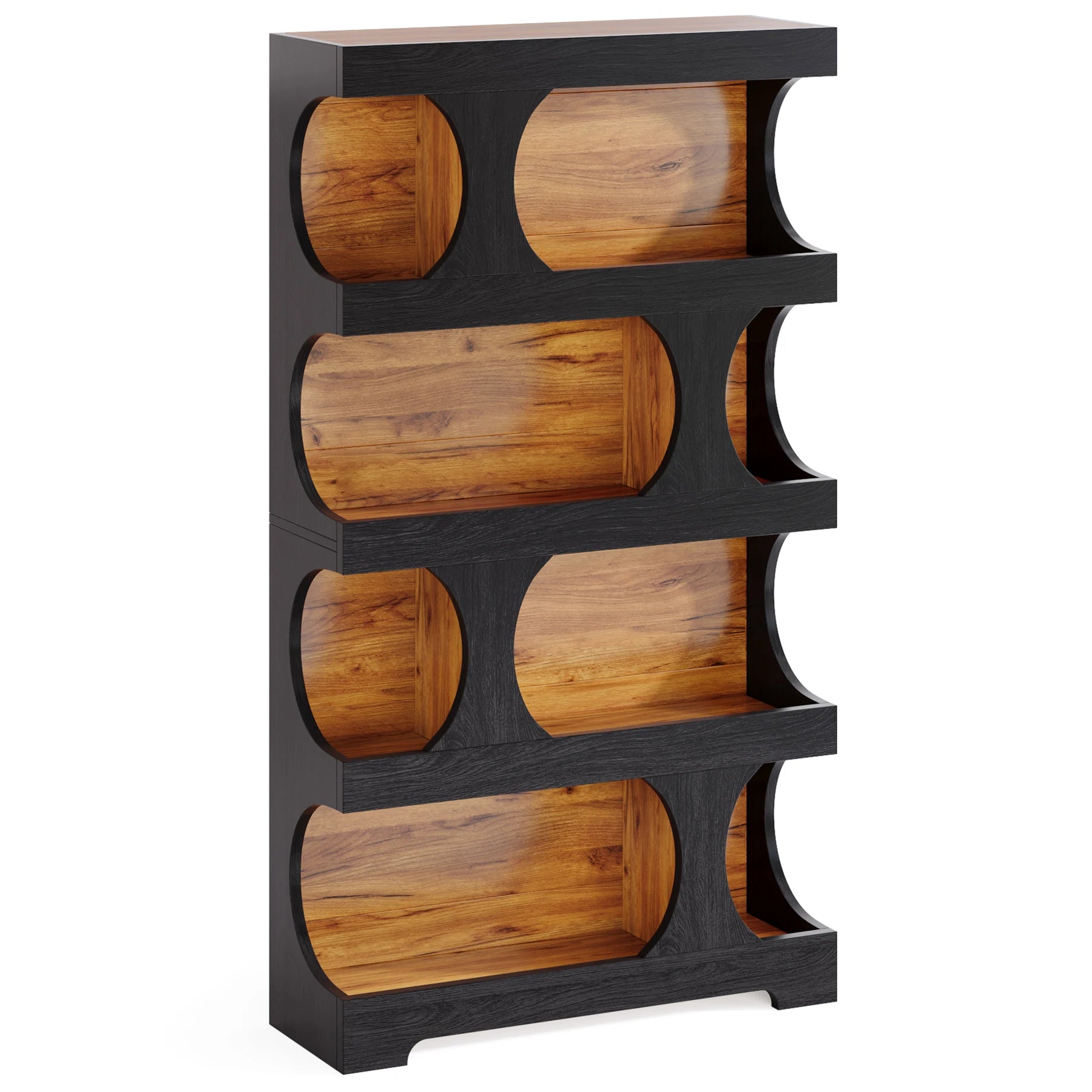 Two-Tone Curved Bookcase with Sculptural Cutout Shelves for Living Room — 71" Tall, 4 Tiers