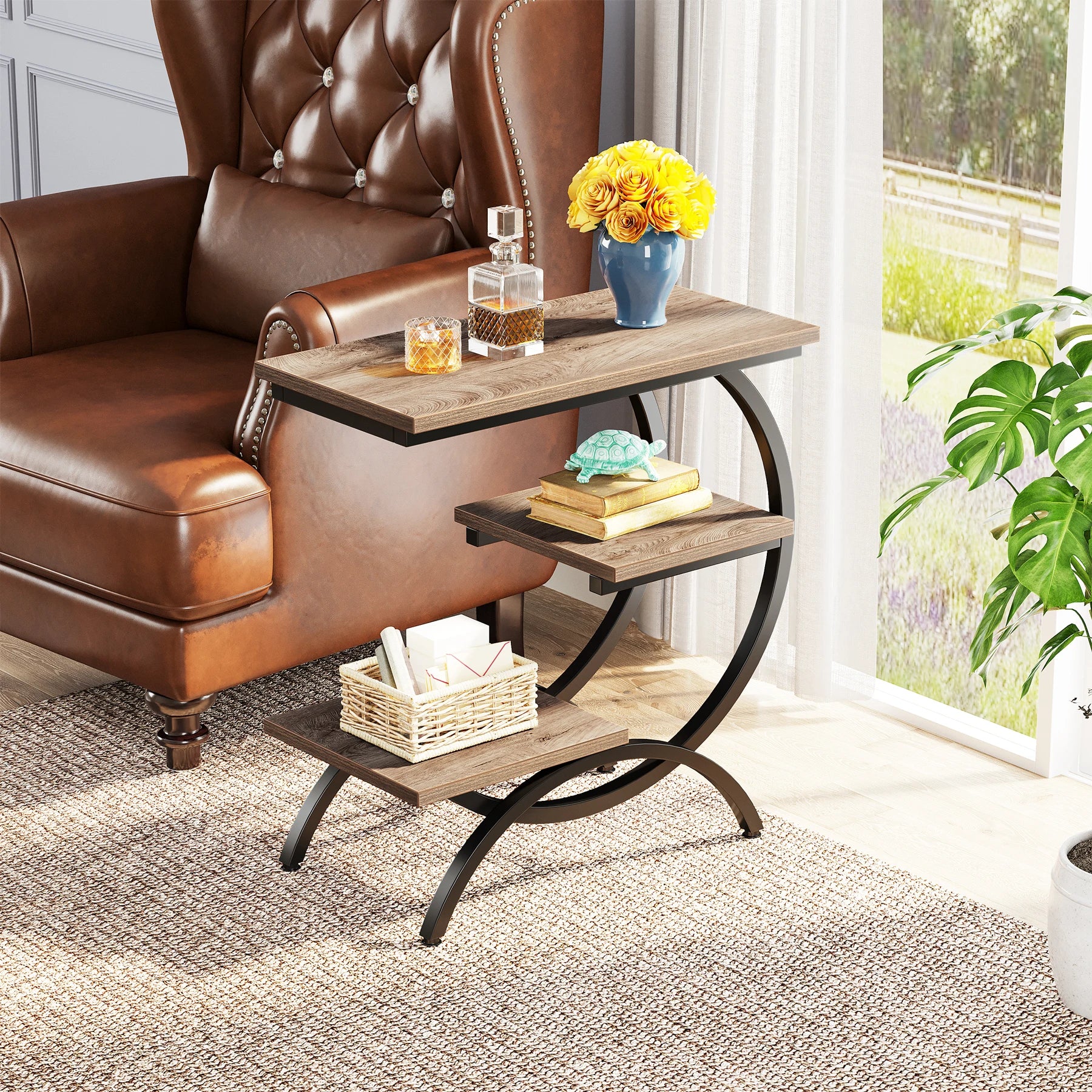 Industrial 3-Tier Side Table with Curved Metal Frame for Living Room — Rustic Brown Wood