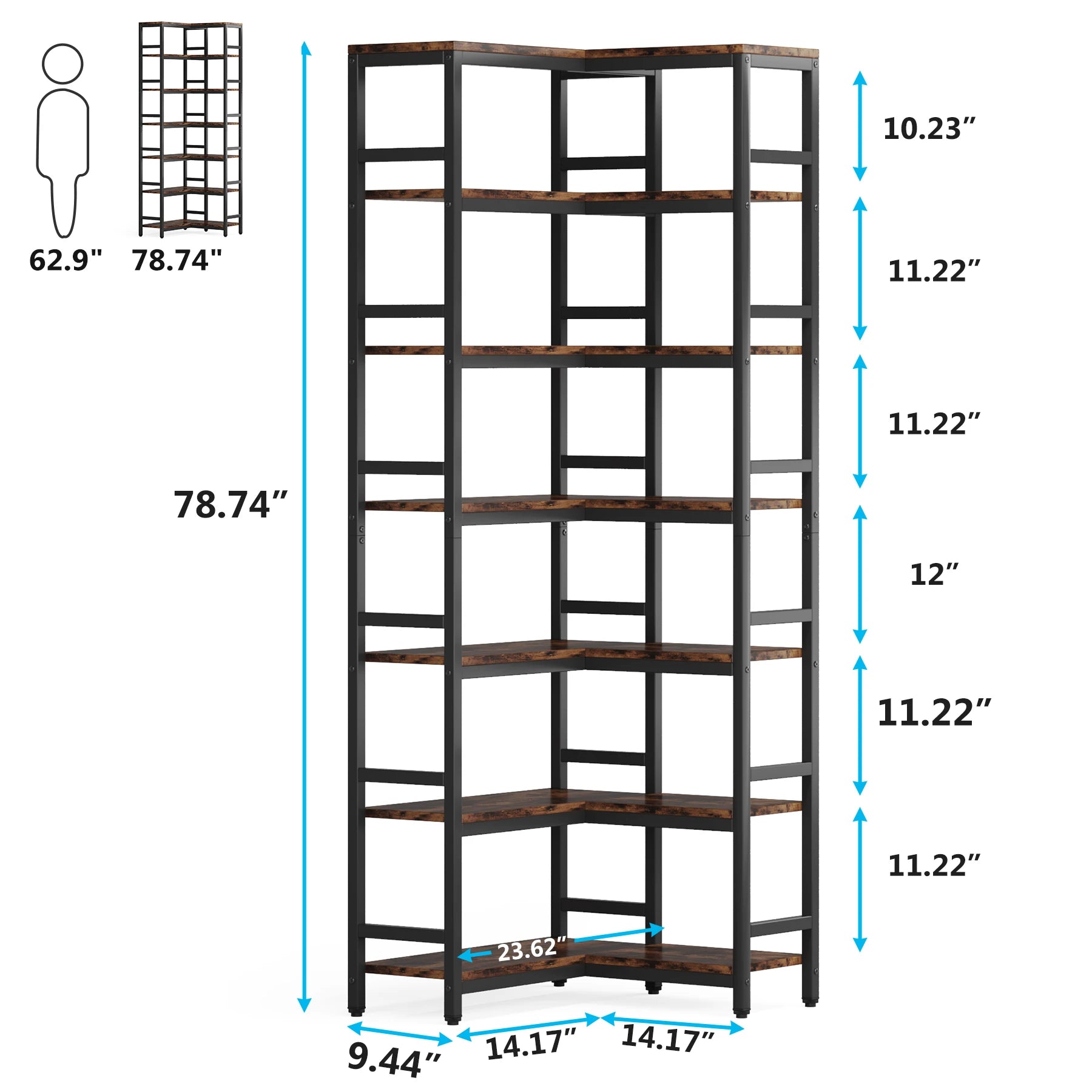 Industrial Corner Bookcase with 7 Shelves and Black Metal Frame for Living Room — 71" Tall