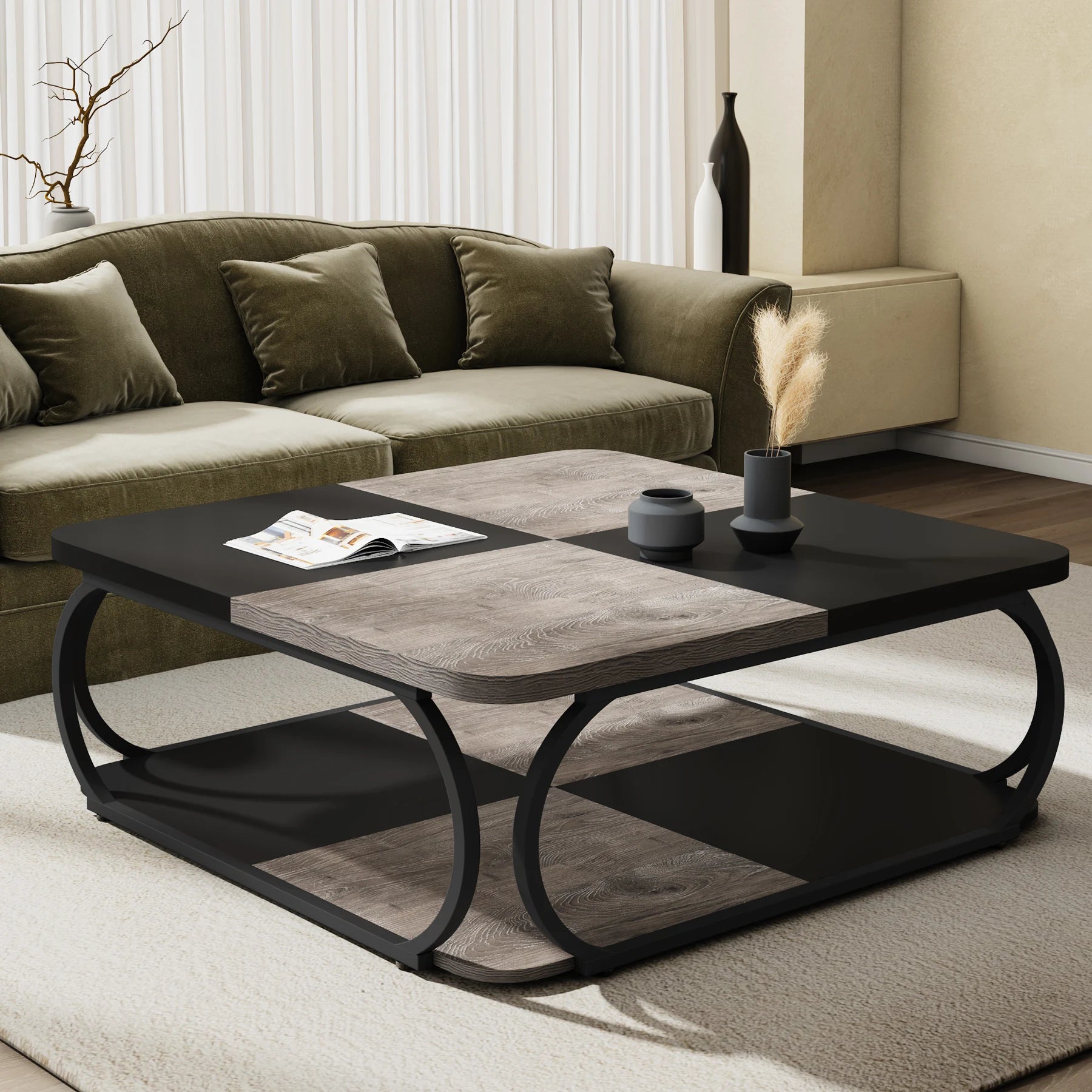 Two-Tone Wood Coffee Table with Storage Shelf for Living Room — 40in Square, Curved Metal Frame