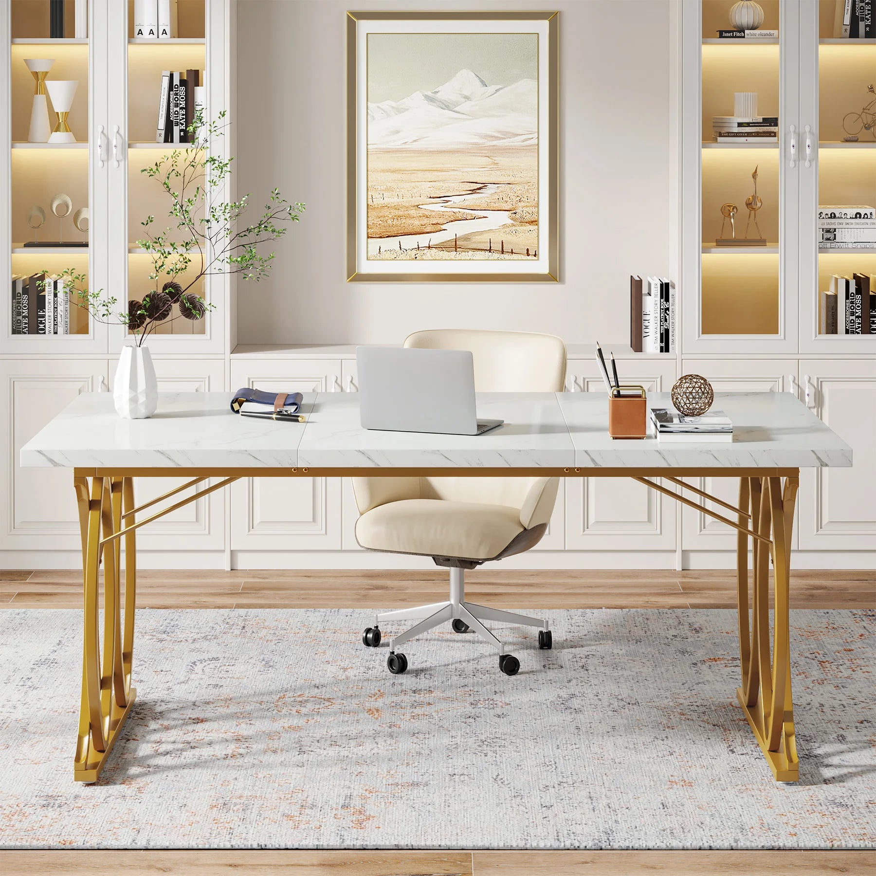 White Executive Desk with Gold Metal Legs for Home Office — 70.9"