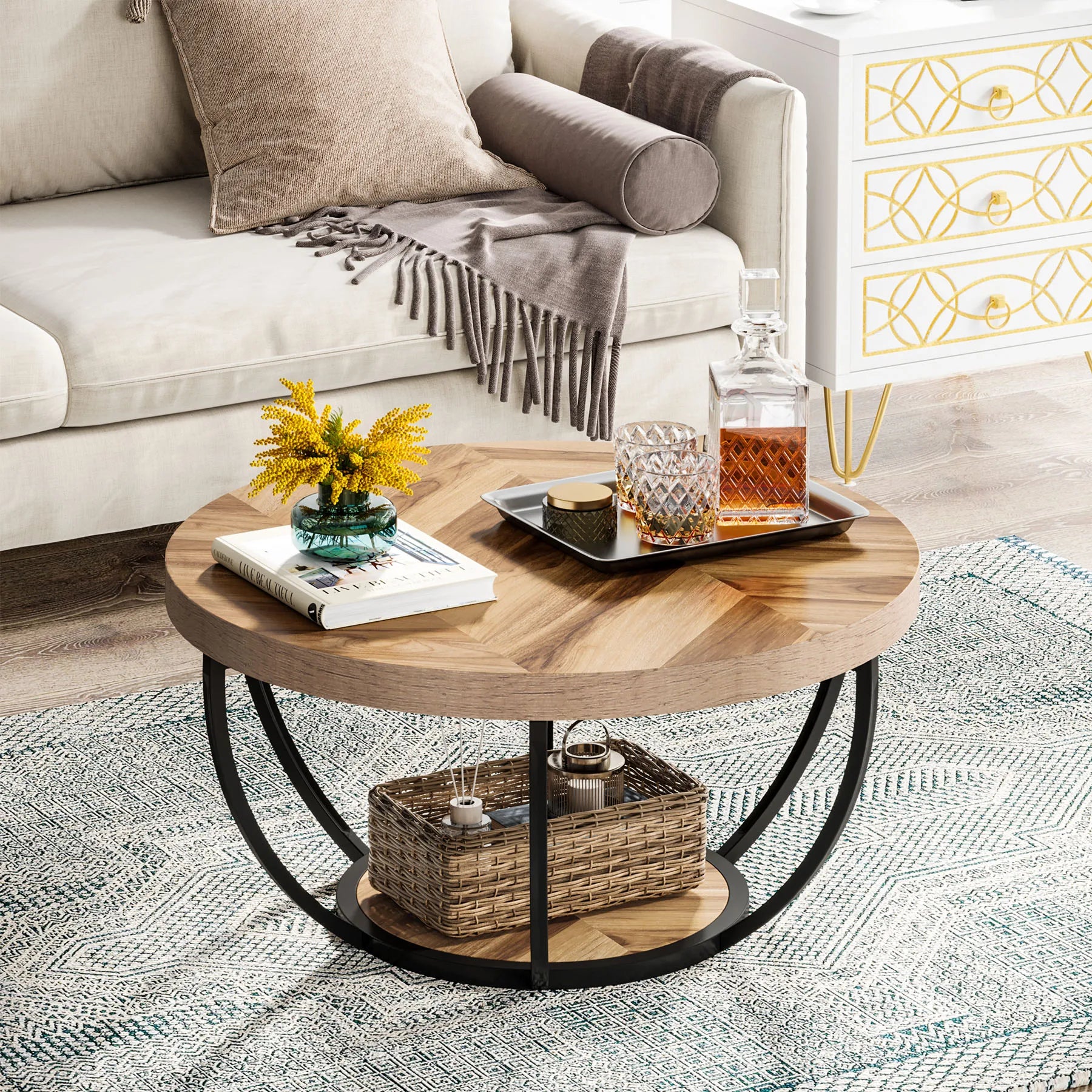 Round Industrial Coffee Table with Storage Shelf for Living Room — 31.7" Oak