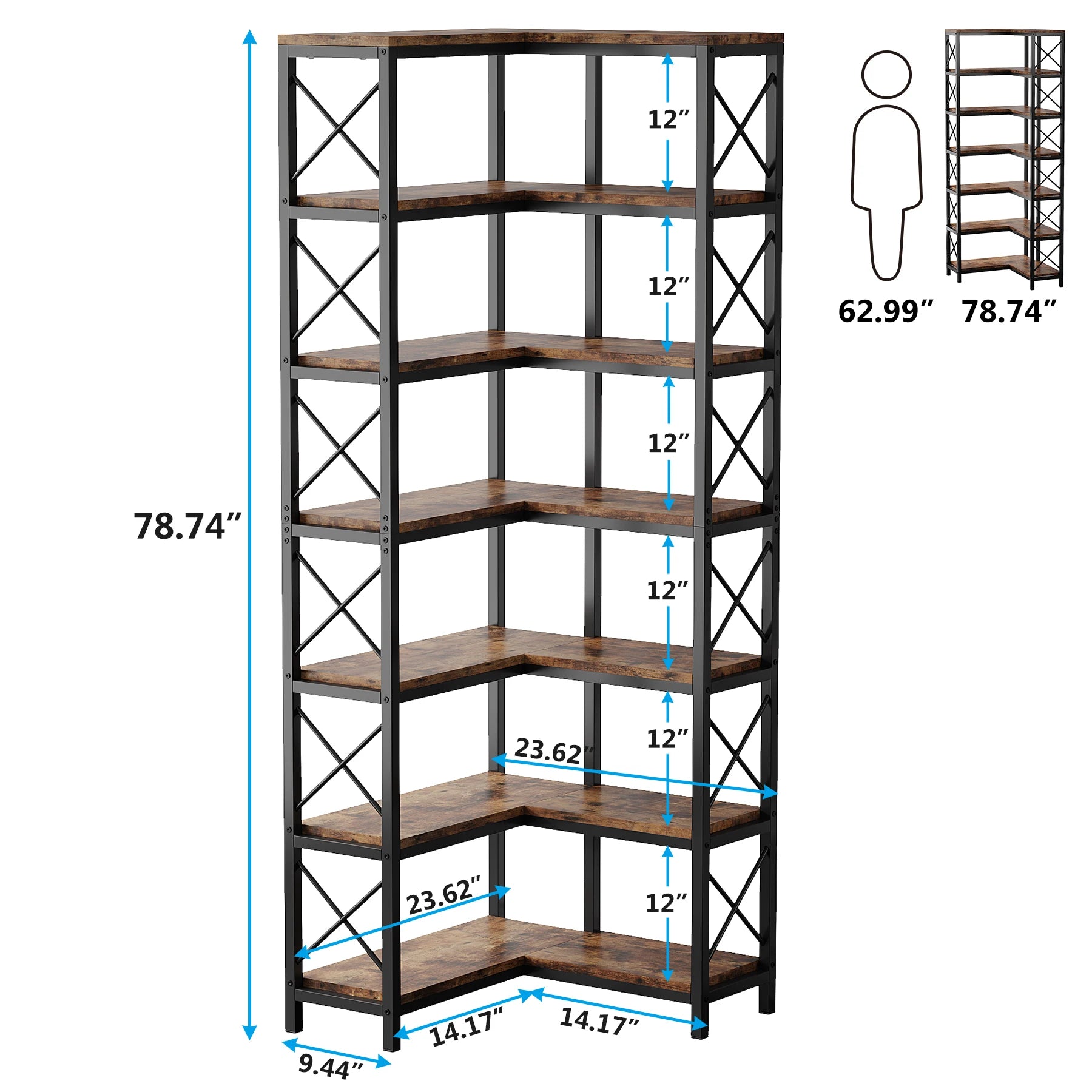 Industrial Corner Bookcase with 7 Shelves and Black Metal Frame for Living Room — 71" Tall