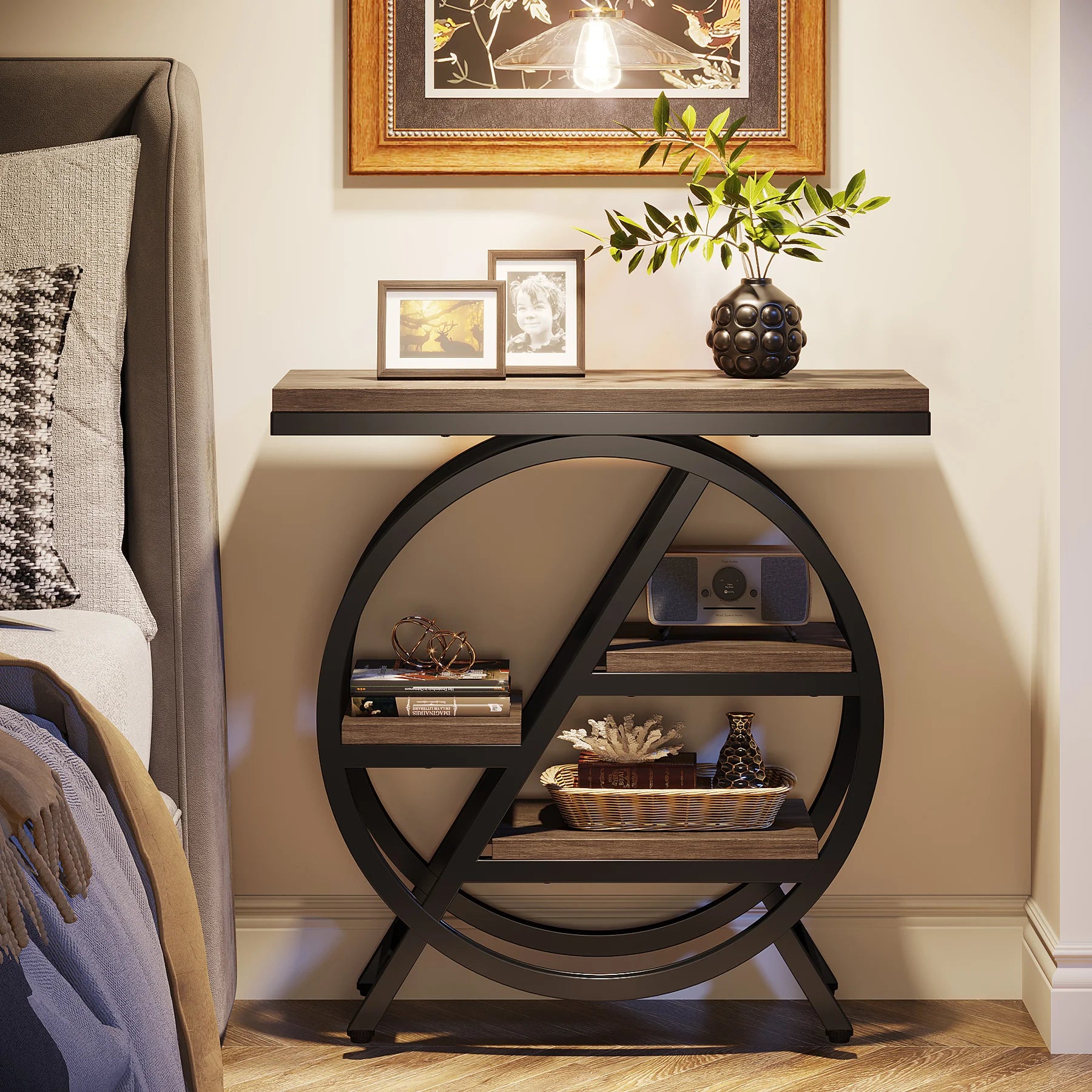 Rustic Wood 3-Tier Side Table with Round Metal Frame for Living Room — Narrow