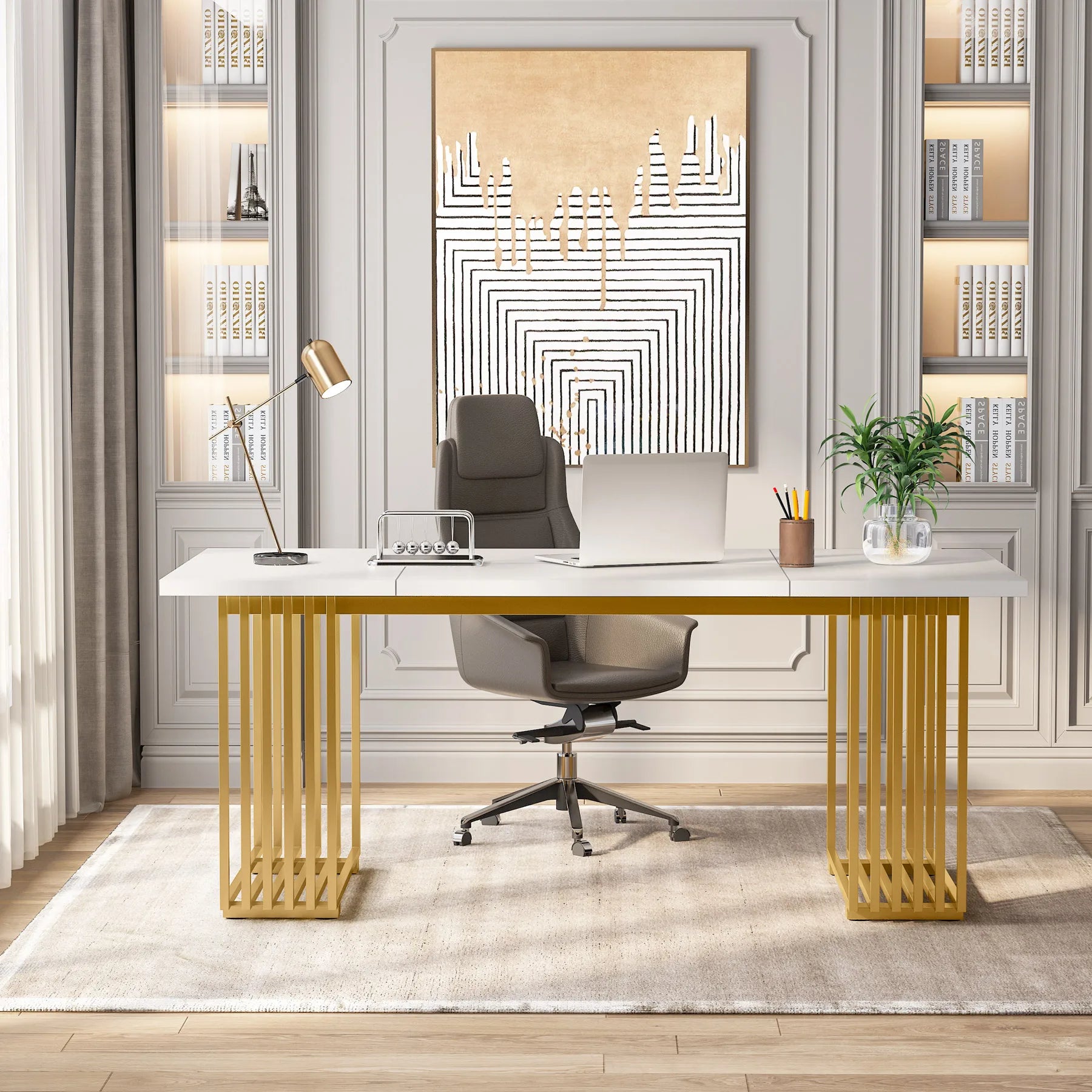 White Executive Desk with Gold Metal Legs for Home Office — 70.9"