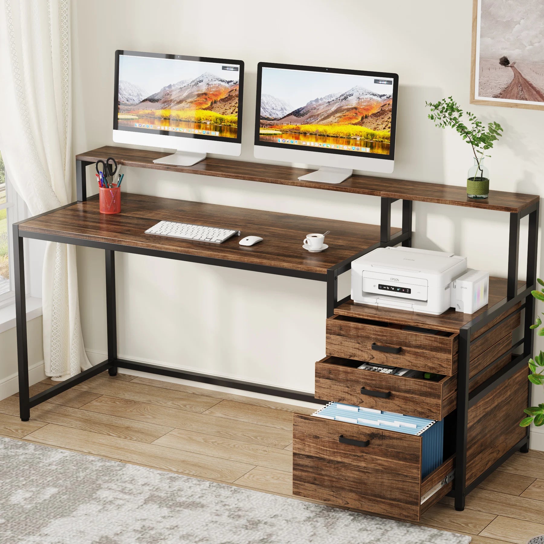 Industrial Computer Desk with 3 Drawers for Home Office — 59in Writing Table