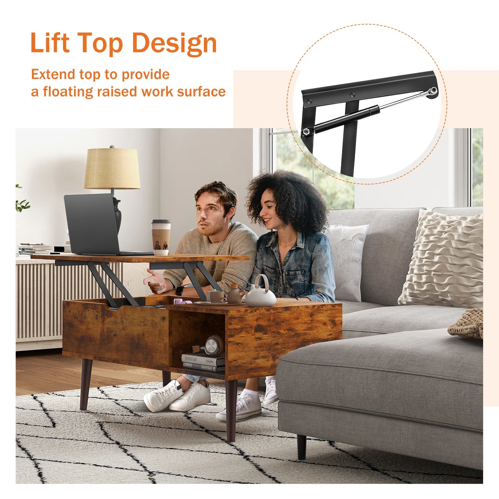 Mid-Century Lift-Top Coffee Table with Hidden Storage for Living Room — 39"W