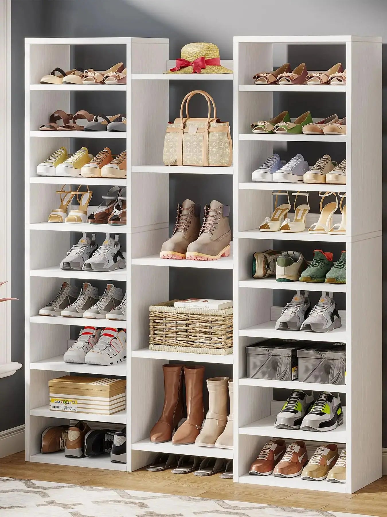 White Wood 14-Tier Shoe Rack with 22 Open Cubbies for Entryway — Holds 46 Pairs