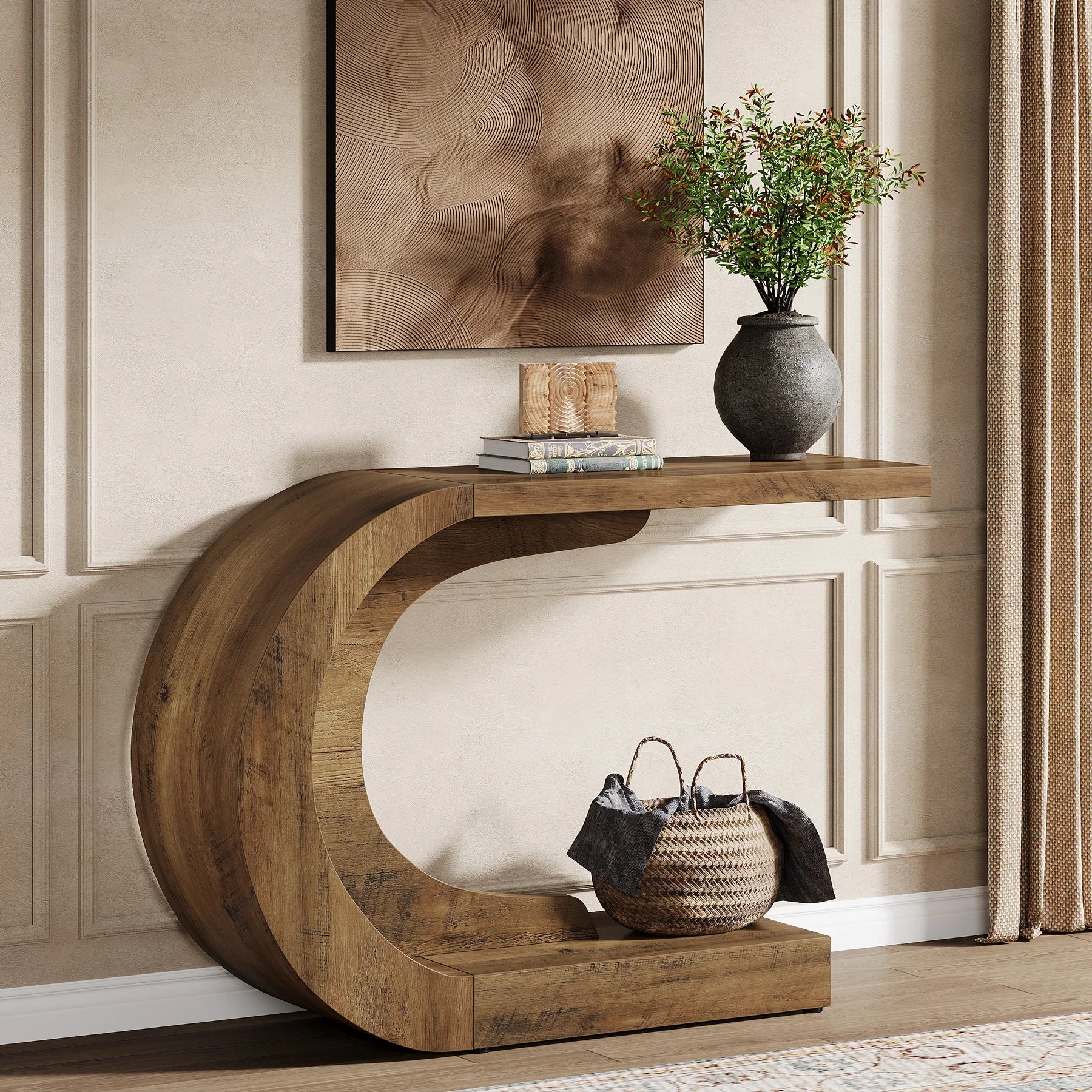 Curved Wood Console Table with Sculptural C-Base for Entryway — 43" Wide