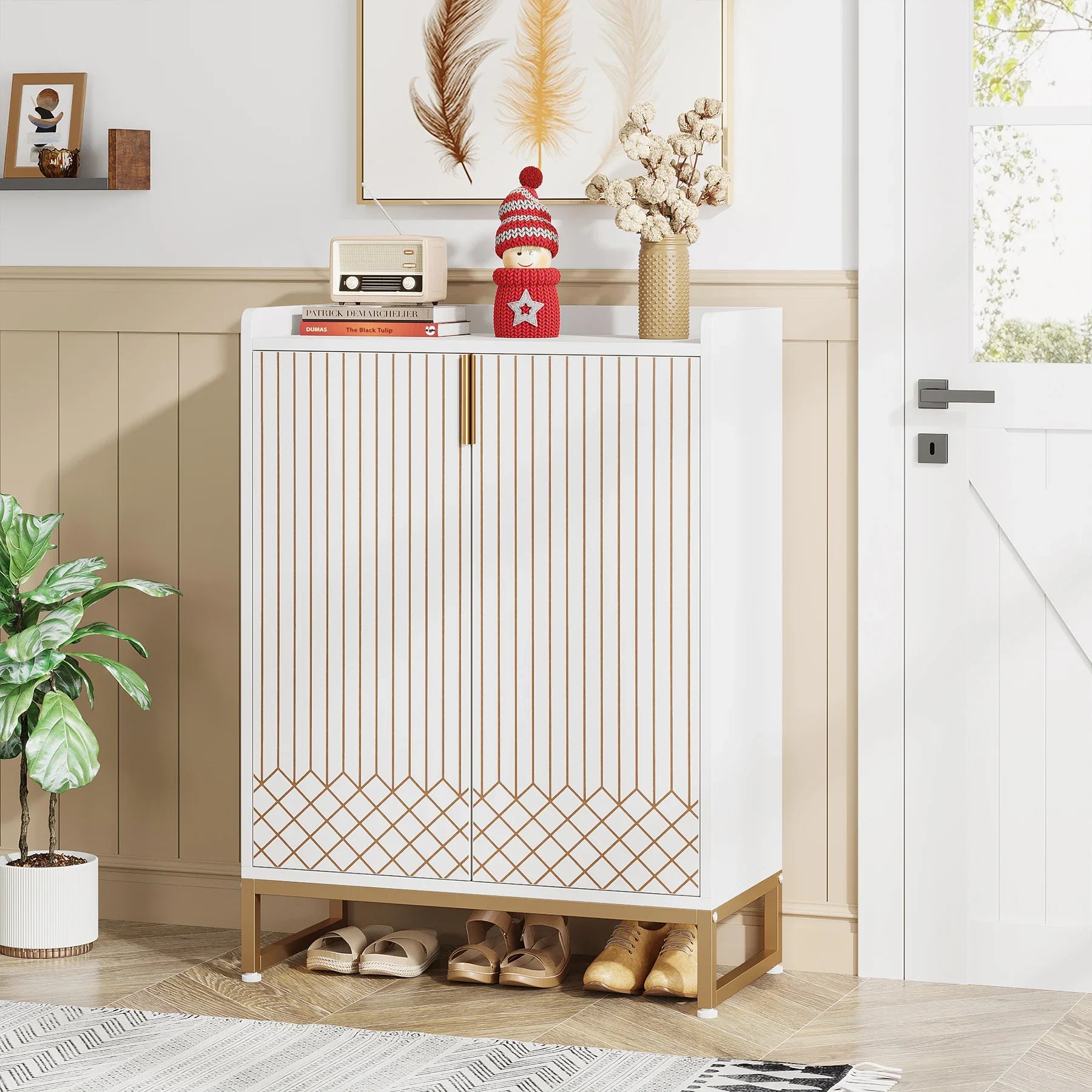 White Gold-Accent Shoe Cabinet with Doors for Entryway — 5-Tier Storage