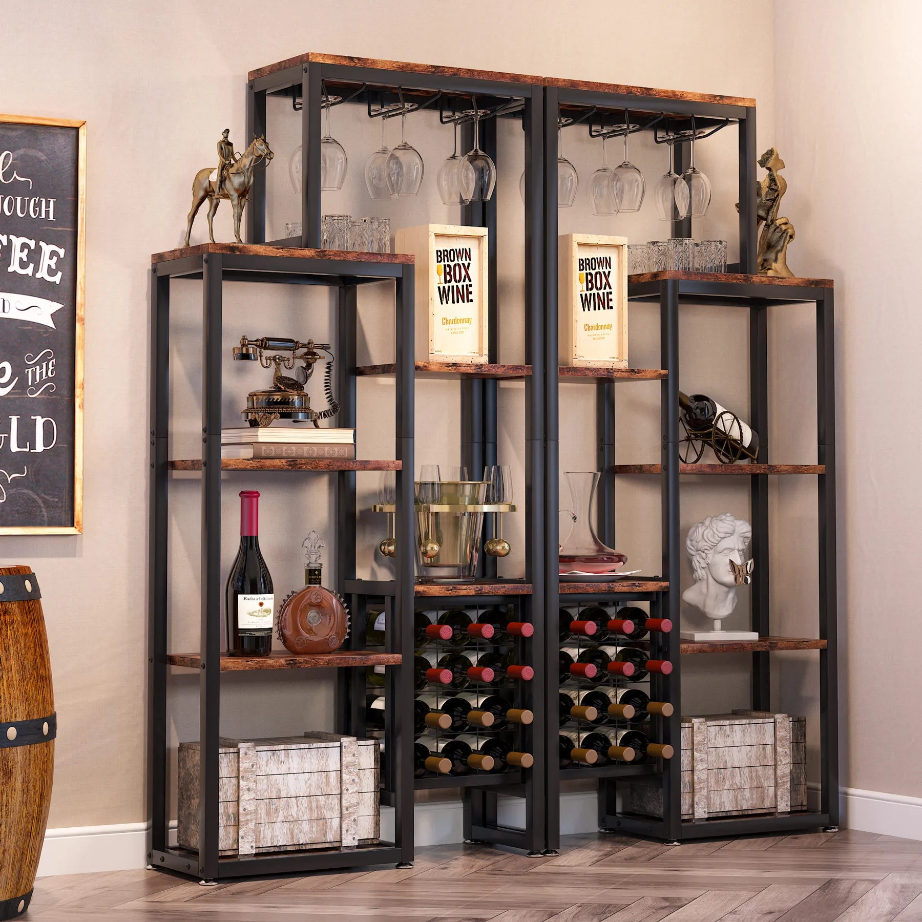 Industrial Wine Bakers Rack, 20-Bottle Freestanding Wine Rack with Glass Holder & Storage Shelves