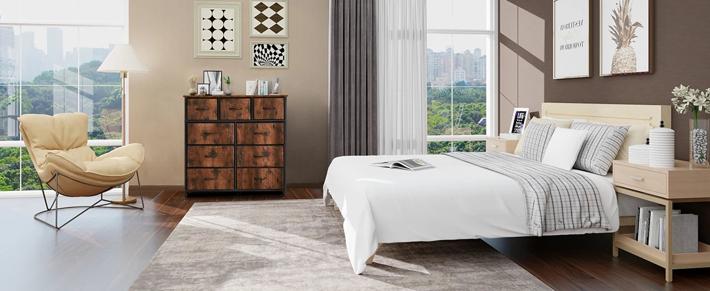 Rustic Wood-Look Dresser with 9 Fabric Drawers for Bedroom — Tall Industrial Chest