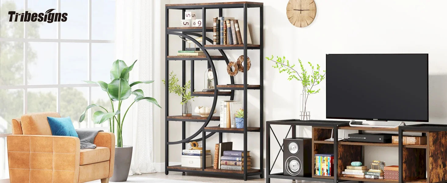 Industrial Etagere Bookcase with Curved Arc for Living Room — 71" Tall Freestanding