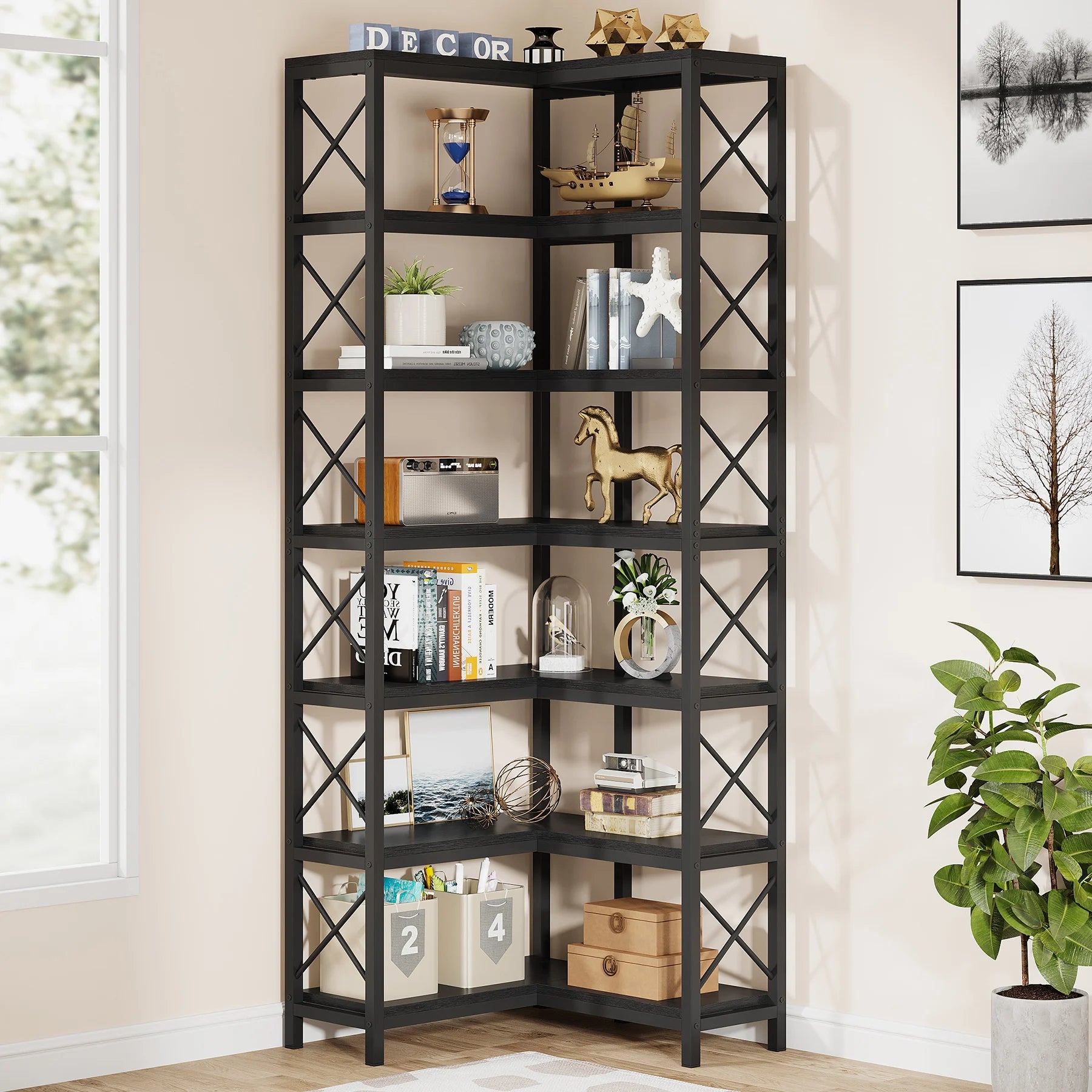 Industrial Corner Bookcase with 7 Shelves and Black Metal Frame for Living Room — 71" Tall