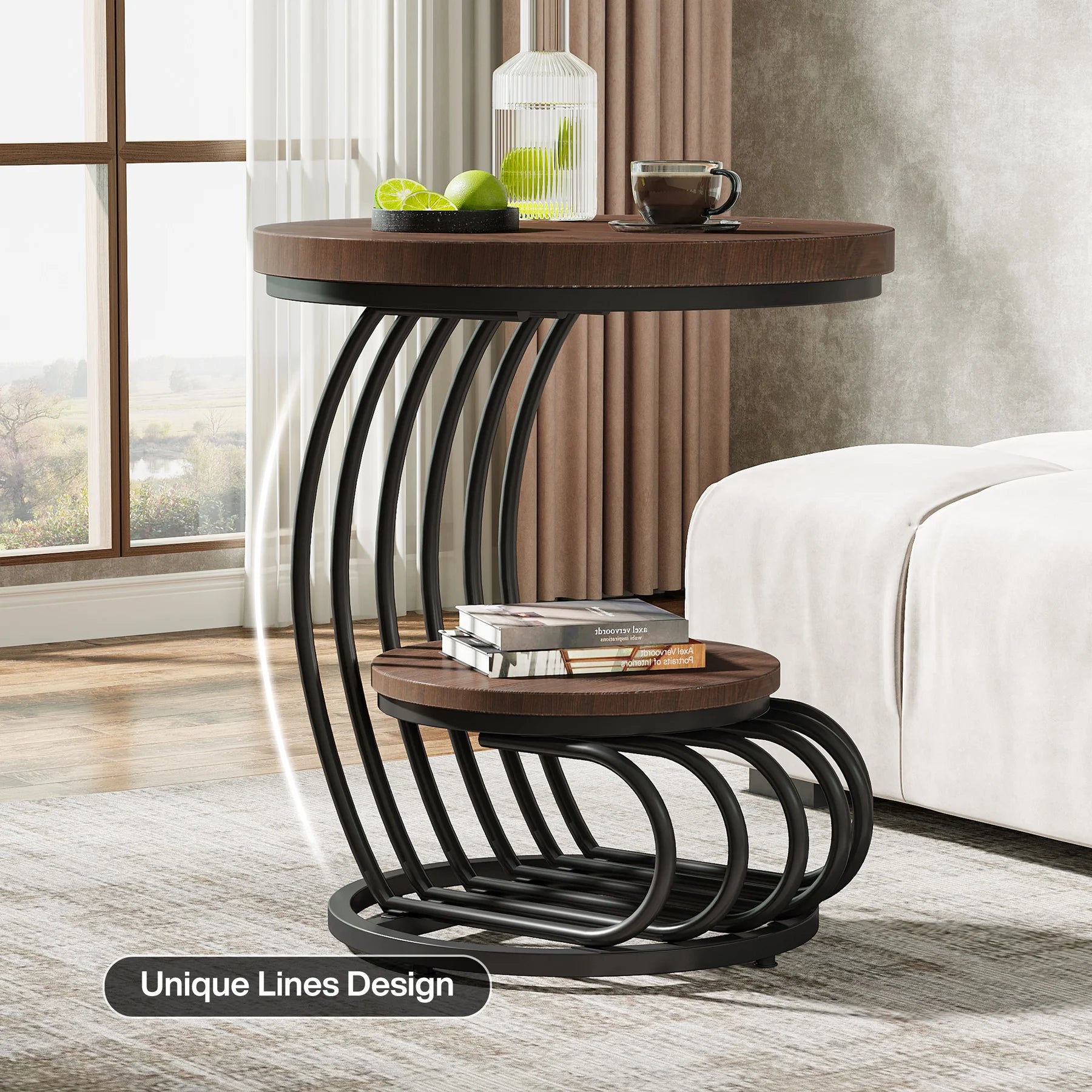 Gold Round Side Table with Faux-Marble Tiers for Living Room — 20-inch Sculptural Accent Table