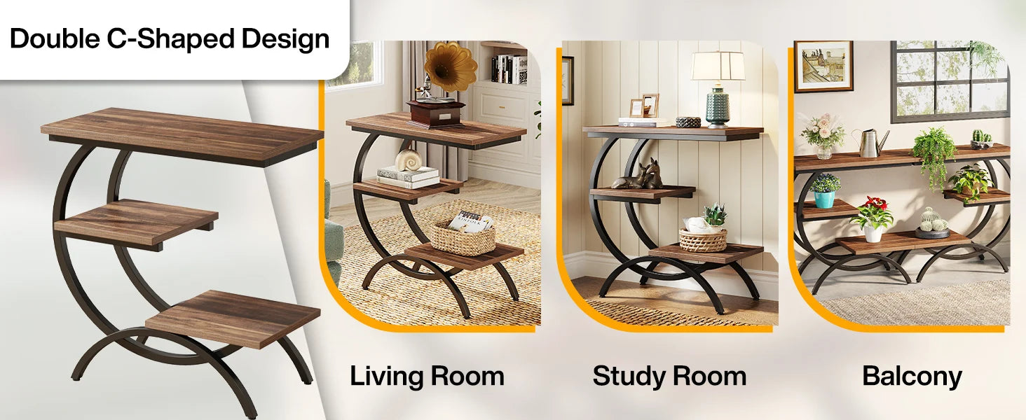 Industrial 3-Tier Side Table with Curved Metal Frame for Living Room — Rustic Brown Wood