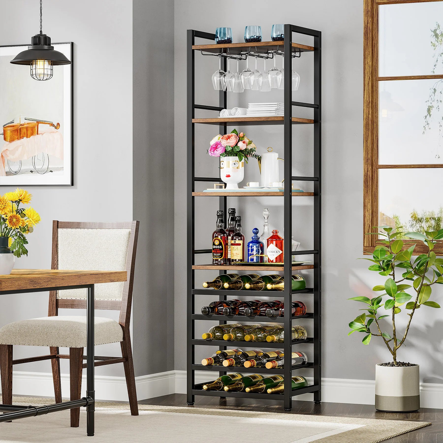 Industrial Wine Bakers Rack, 20-Bottle Freestanding Wine Rack with Glass Holder & Storage Shelves