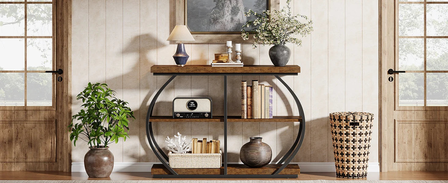 Rustic Industrial Console Table with Arched Metal Frame and 3 Storage Shelves for Entryway — 41 in