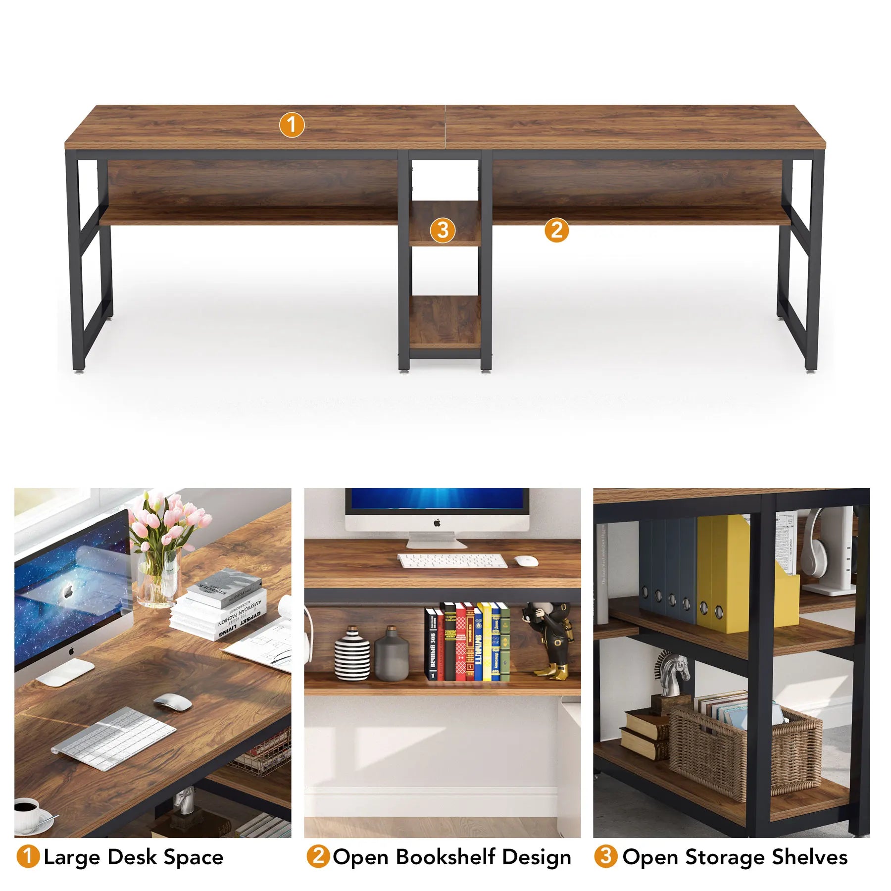 Rustic Two-Person Desk with Bookshelf for Home Office — 78.7in Double Workstation