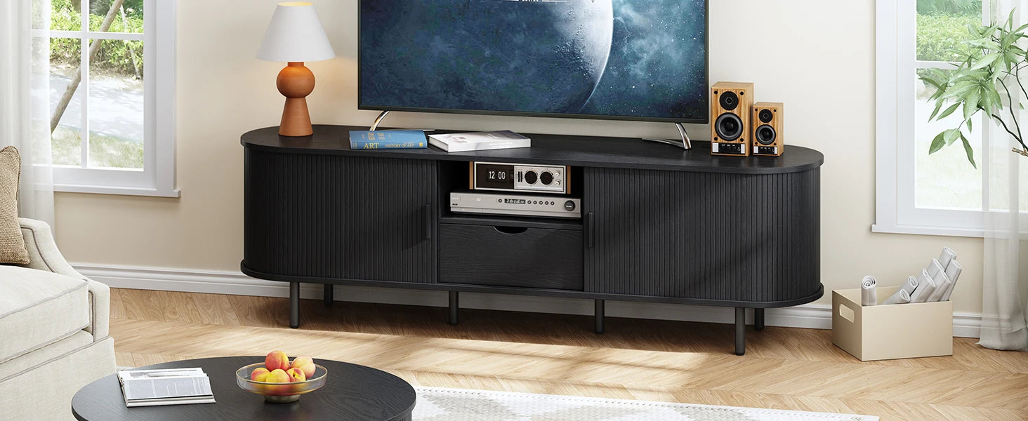 Mid-Century TV Stand for 80" TV — Fluted Walnut Media Console with Storage & Sliding Doors