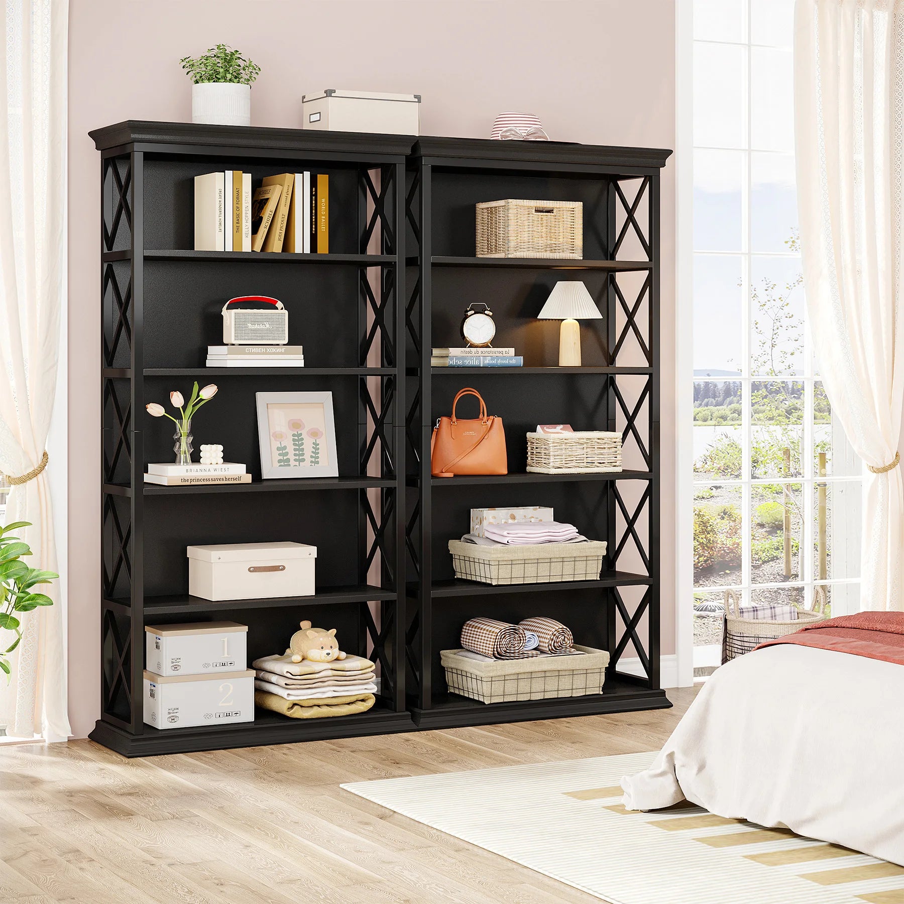 Industrial 6-Tier Bookcase with X-Frame for Living Room — 71in Tall Open Bookshelf