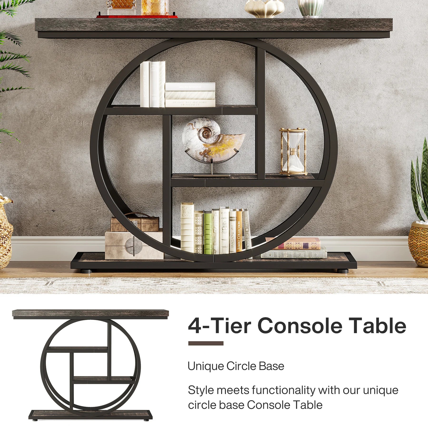 Rustic Wood 4-Tier Console Table with Round Metal Frame for Entryway — 41.3in