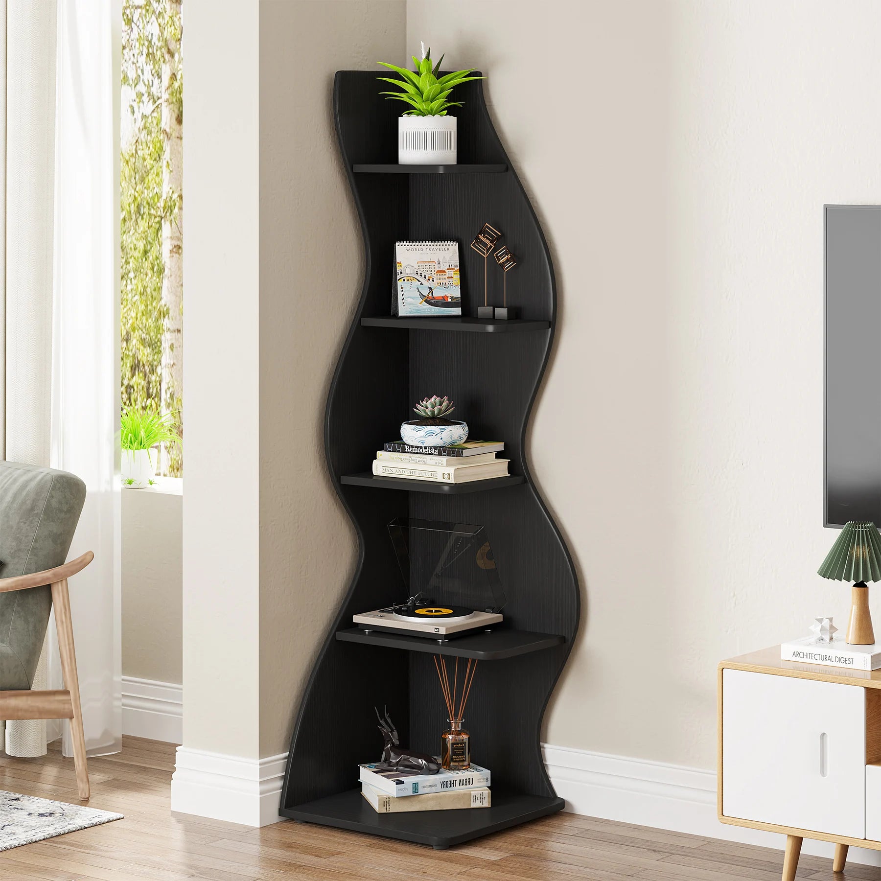 White Wave 5-Tier Corner Bookshelf with Curved Silhouette for Living Room — 65"H Floor Shelf