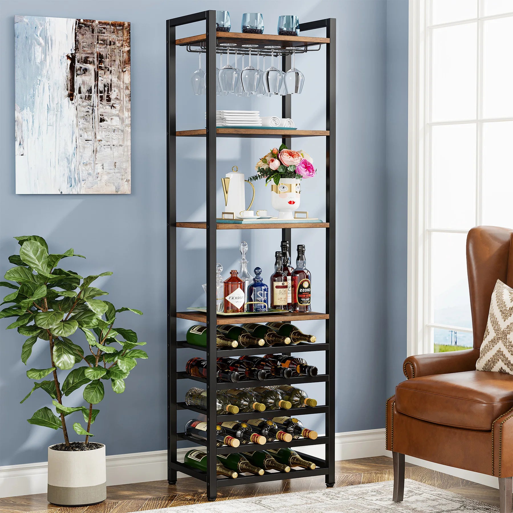 Industrial Wine Bakers Rack, 20-Bottle Freestanding Wine Rack with Glass Holder & Storage Shelves