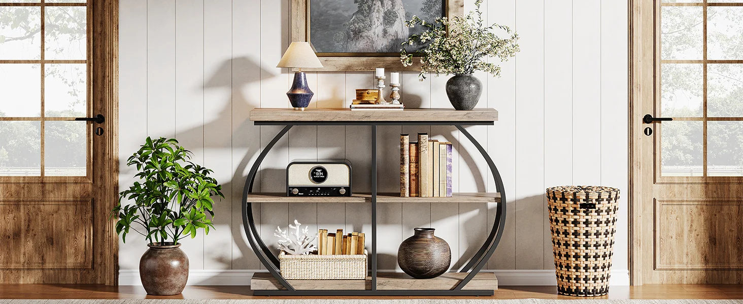 Rustic Industrial Console Table with Arched Metal Frame and 3 Storage Shelves for Entryway — 41 in