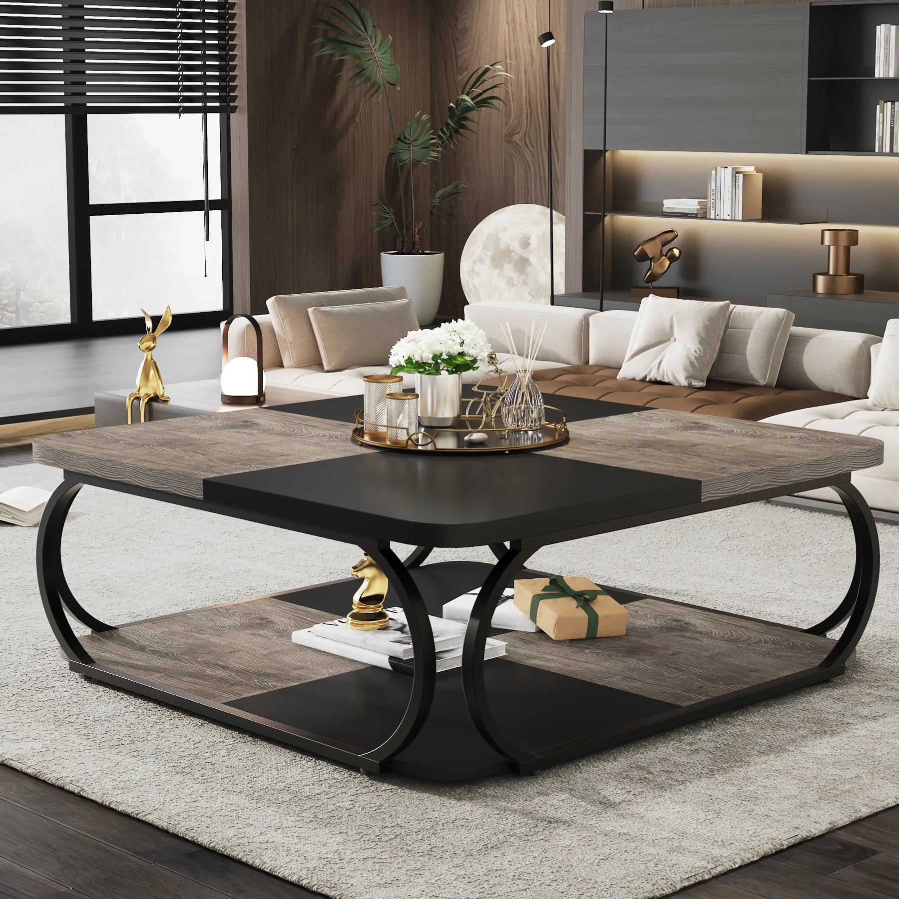 Two-Tone Wood Coffee Table with Storage Shelf for Living Room — 40in Square, Curved Metal Frame