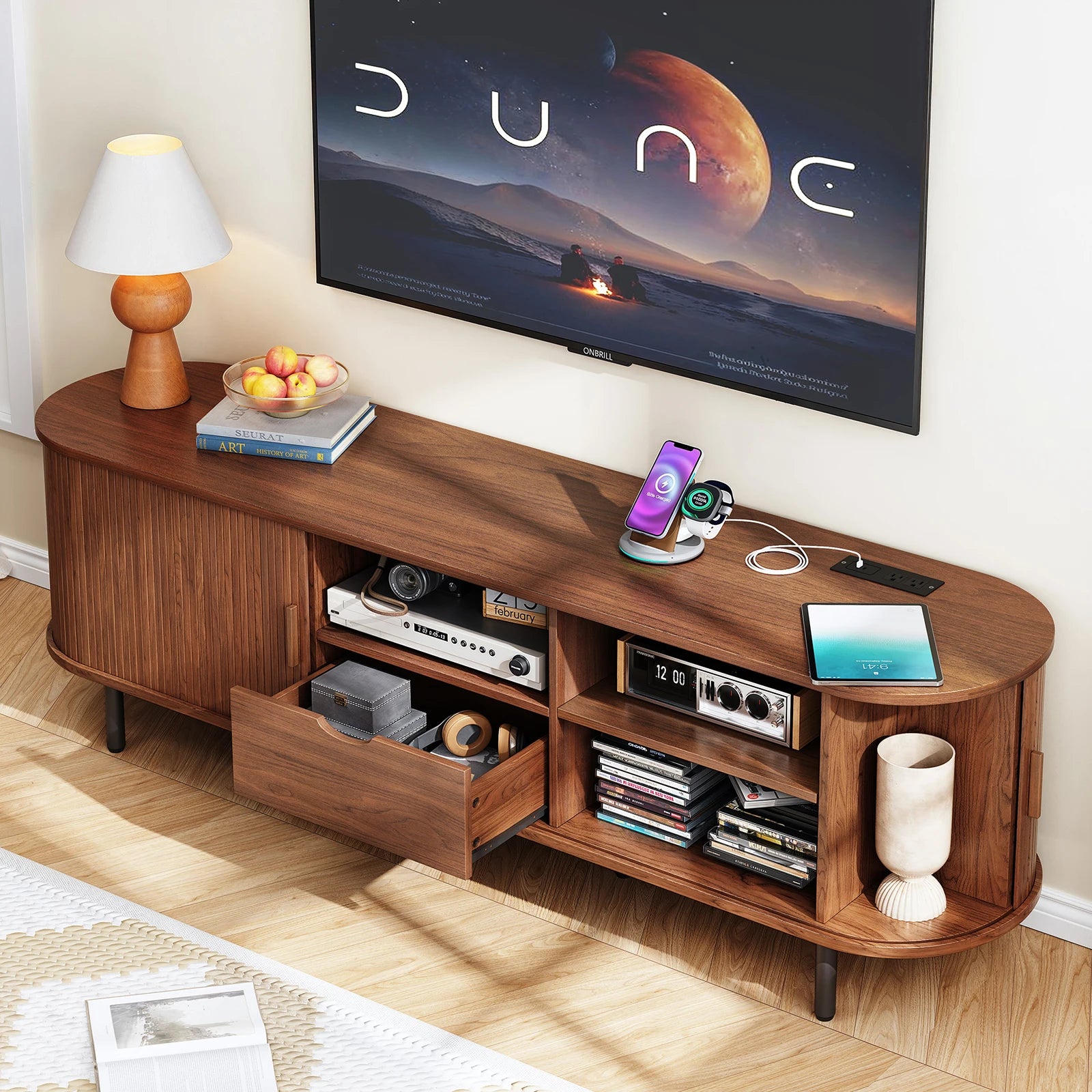 Mid-Century TV Stand for 80" TV — Fluted Walnut Media Console with Storage & Sliding Doors