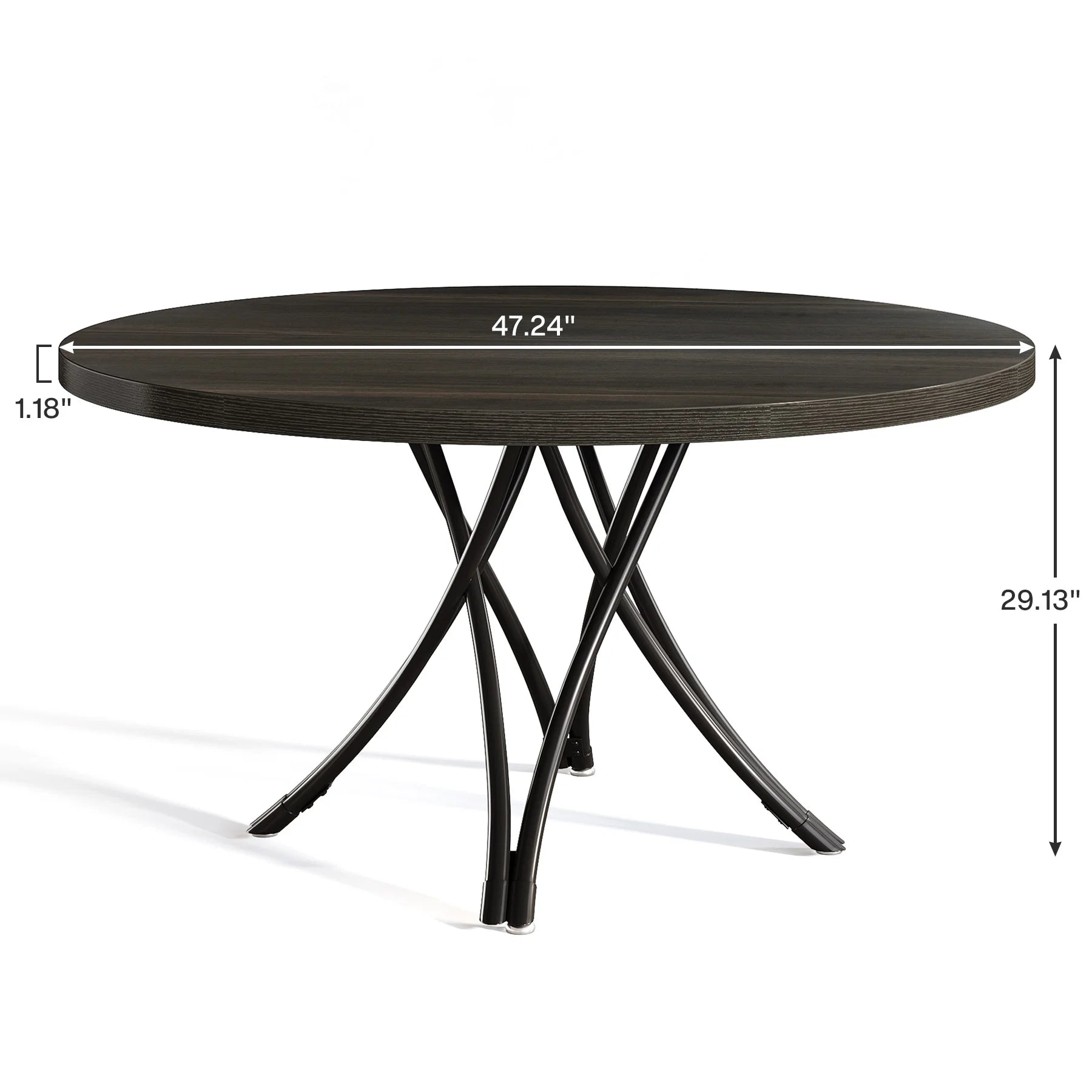 Walnut Round Dining Table with Sculptural Metal Pedestal for 4-6 — 47in