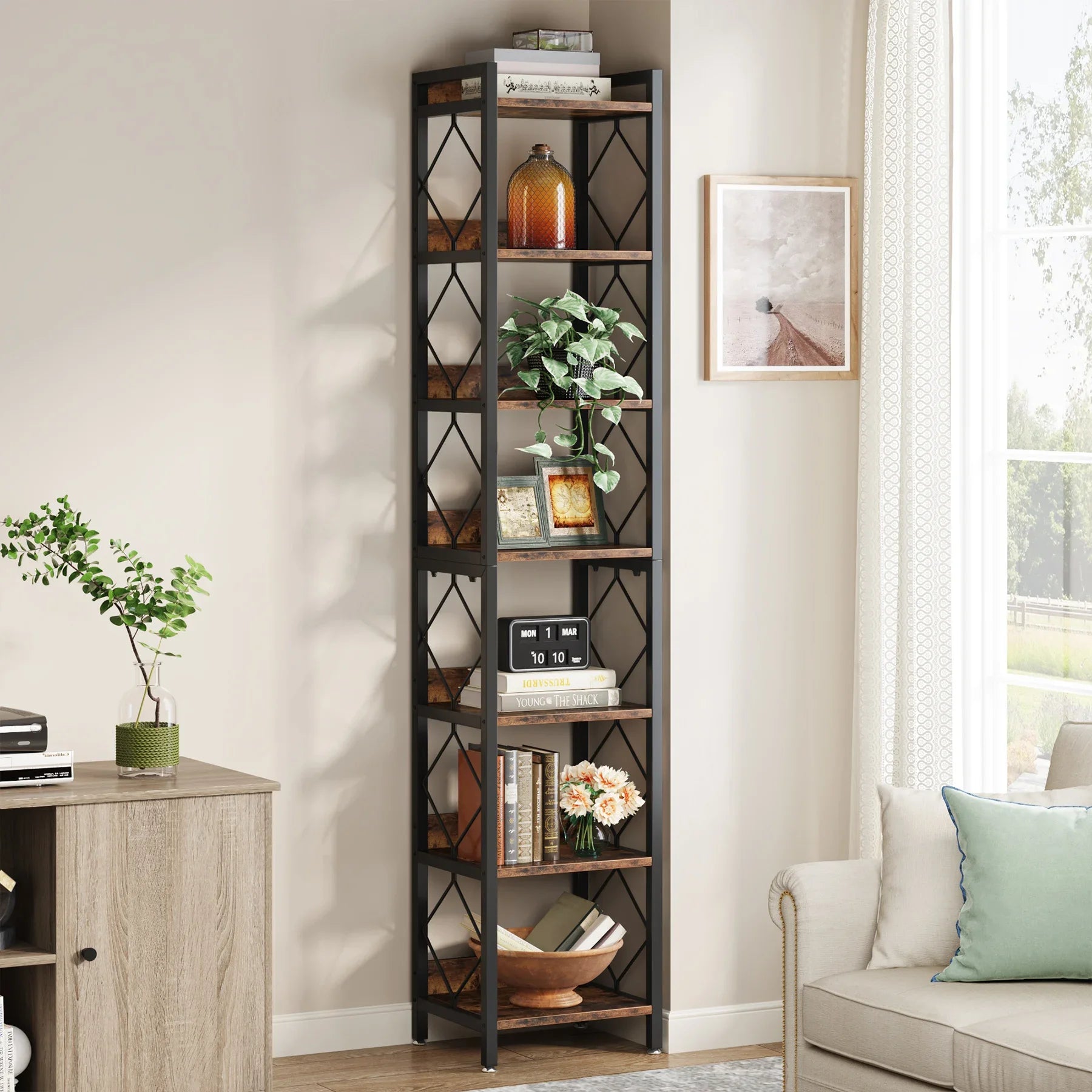 Industrial Narrow Bookshelf with 7 Tiers for Small Spaces — 78.7in Tall