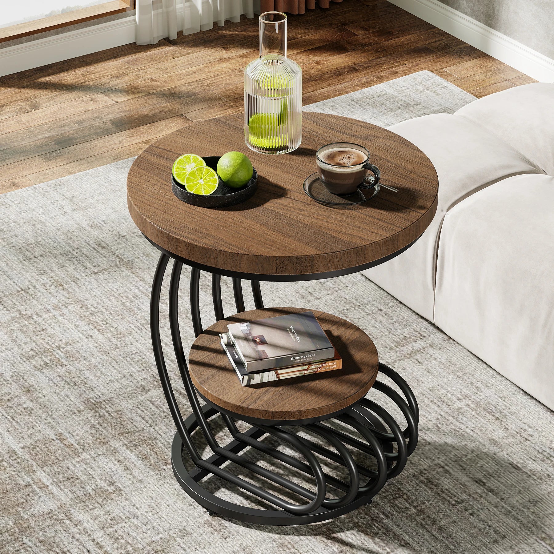 Gold Round Side Table with Faux-Marble Tiers for Living Room — 20-inch Sculptural Accent Table
