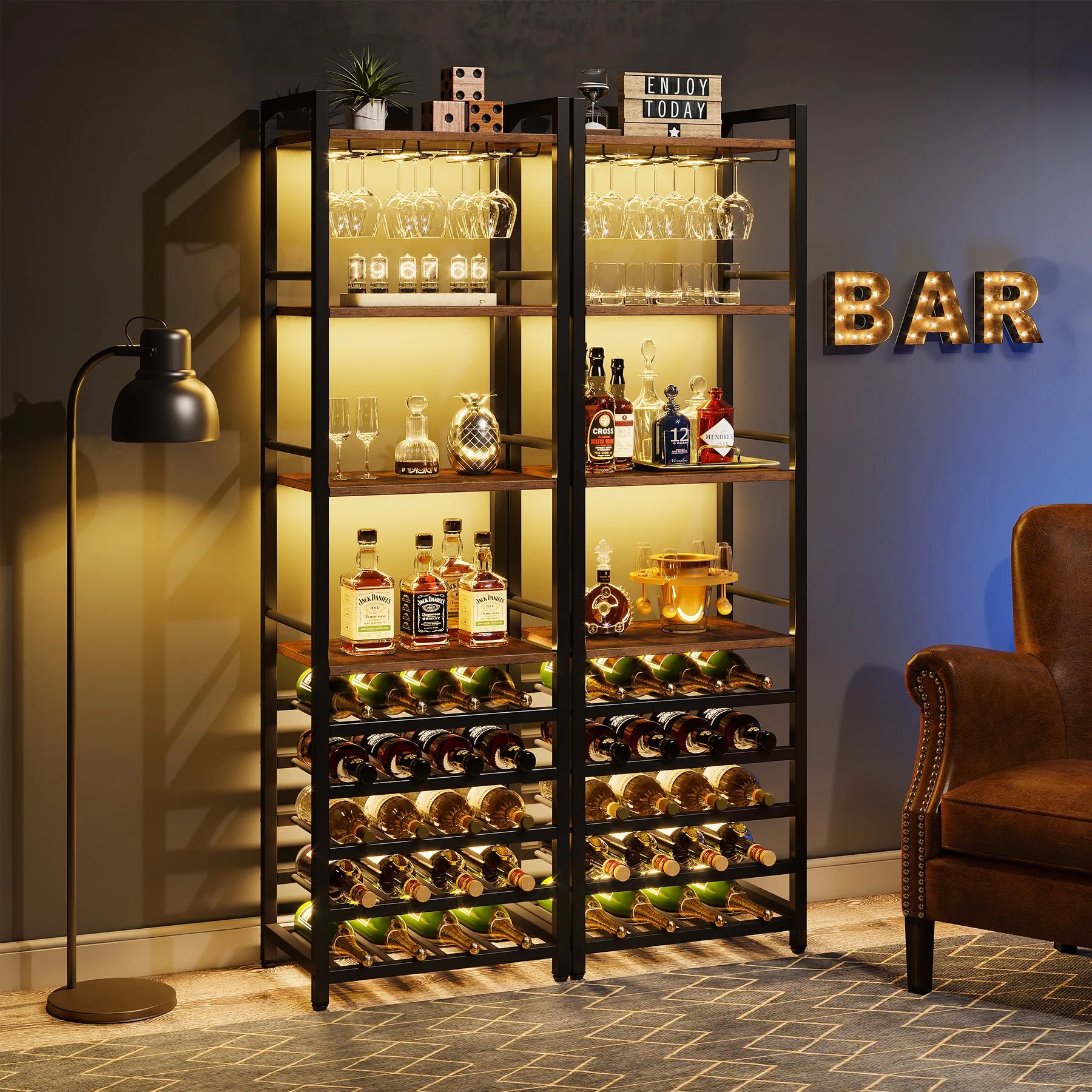 Industrial Wine Bakers Rack, 20-Bottle Freestanding Wine Rack with Glass Holder & Storage Shelves
