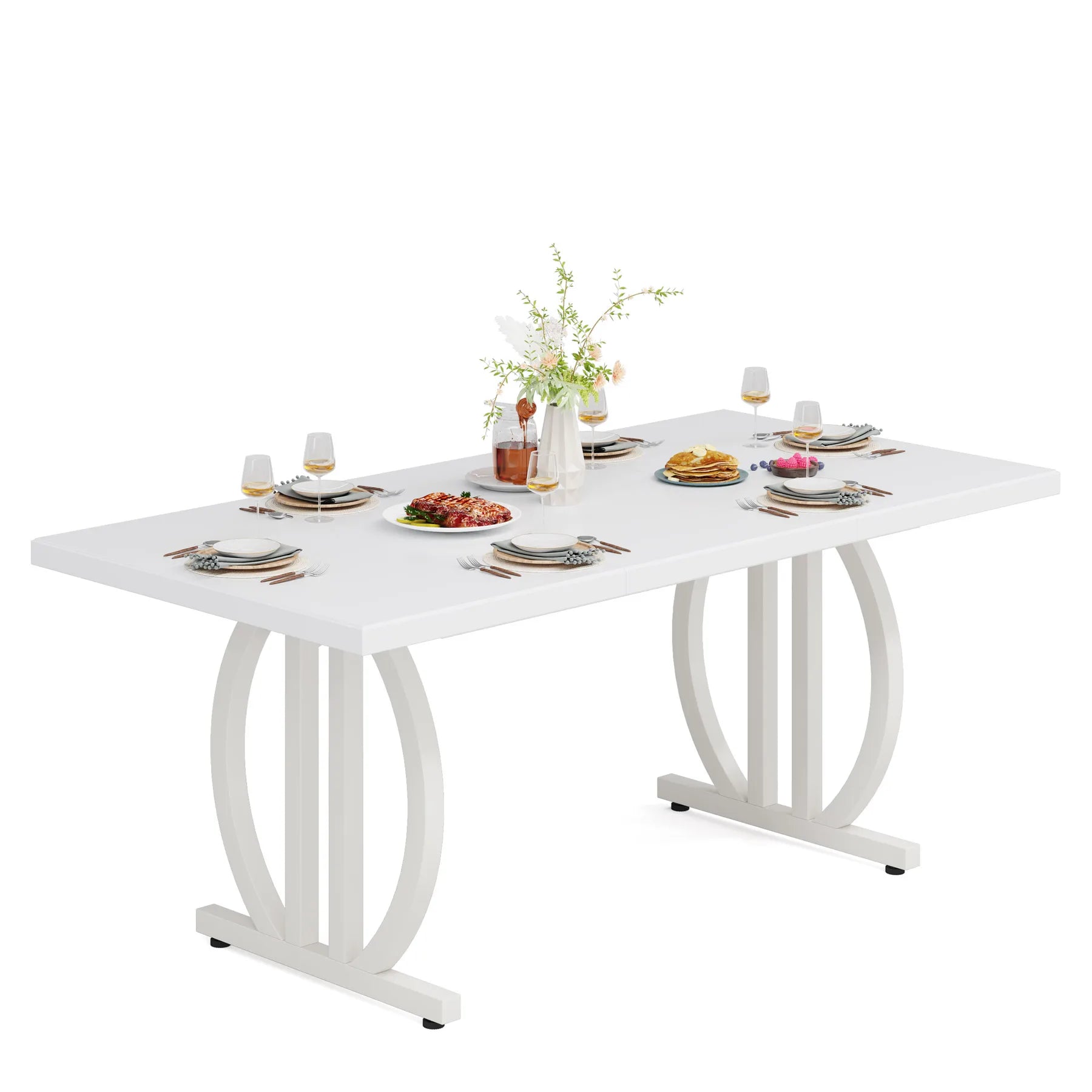 Modern Black 63" Dining Table with Curved Metal Pedestal Base for Kitchen — Seats 6