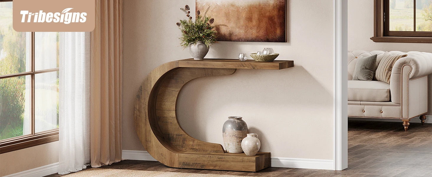 Curved Wood Console Table with Sculptural C-Base for Entryway — 43" Wide