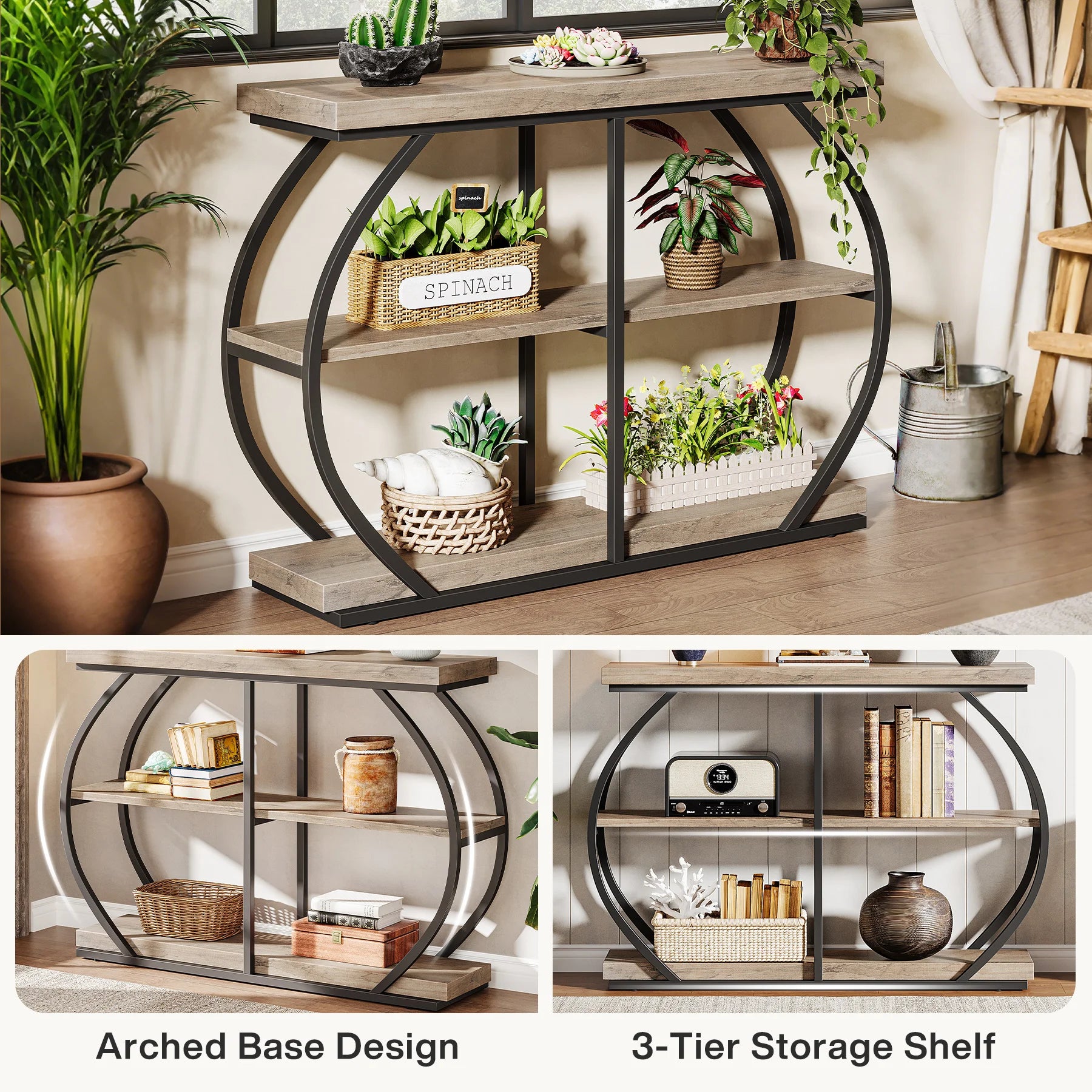 Rustic Industrial Console Table with Arched Metal Frame and 3 Storage Shelves for Entryway — 41 in