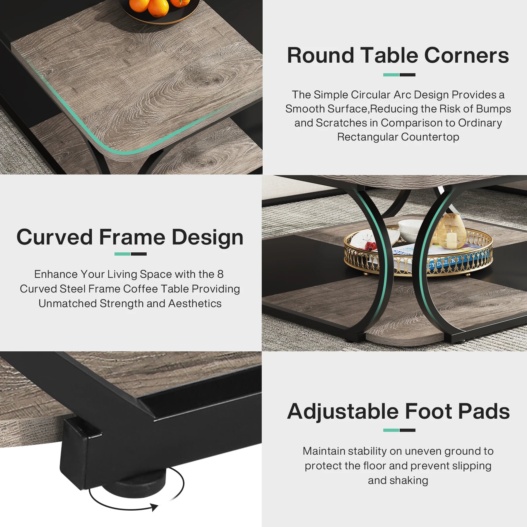 Two-Tone Wood Coffee Table with Storage Shelf for Living Room — 40in Square, Curved Metal Frame