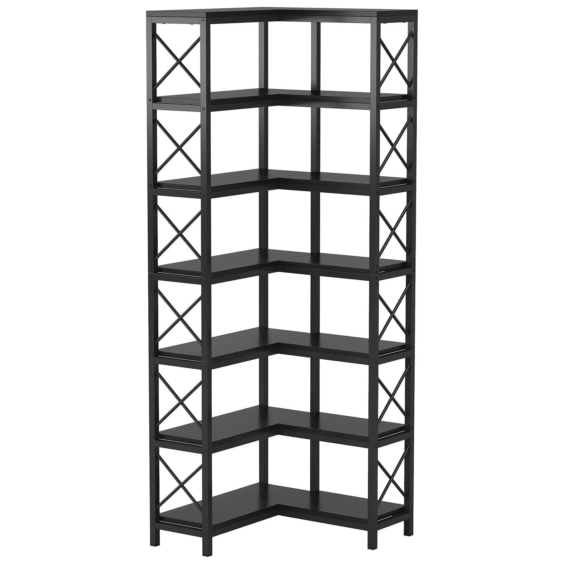Industrial Corner Bookcase with 7 Shelves and Black Metal Frame for Living Room — 71" Tall