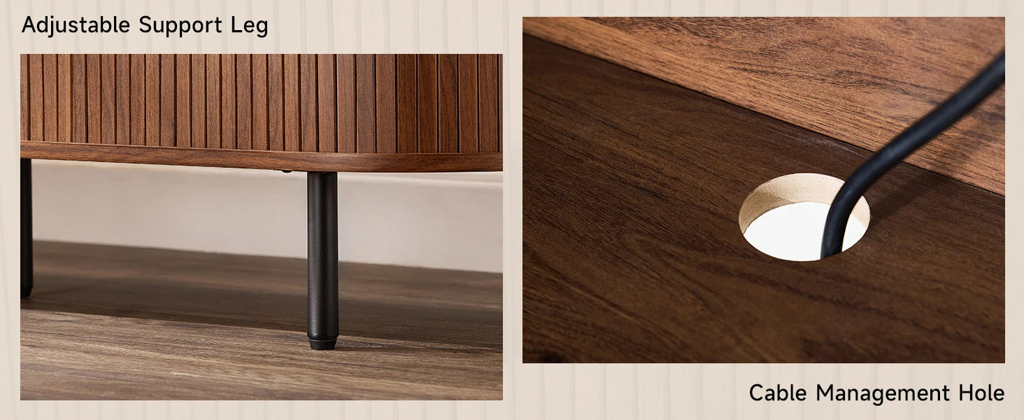 Mid-Century TV Stand for 80" TV — Fluted Walnut Media Console with Storage & Sliding Doors
