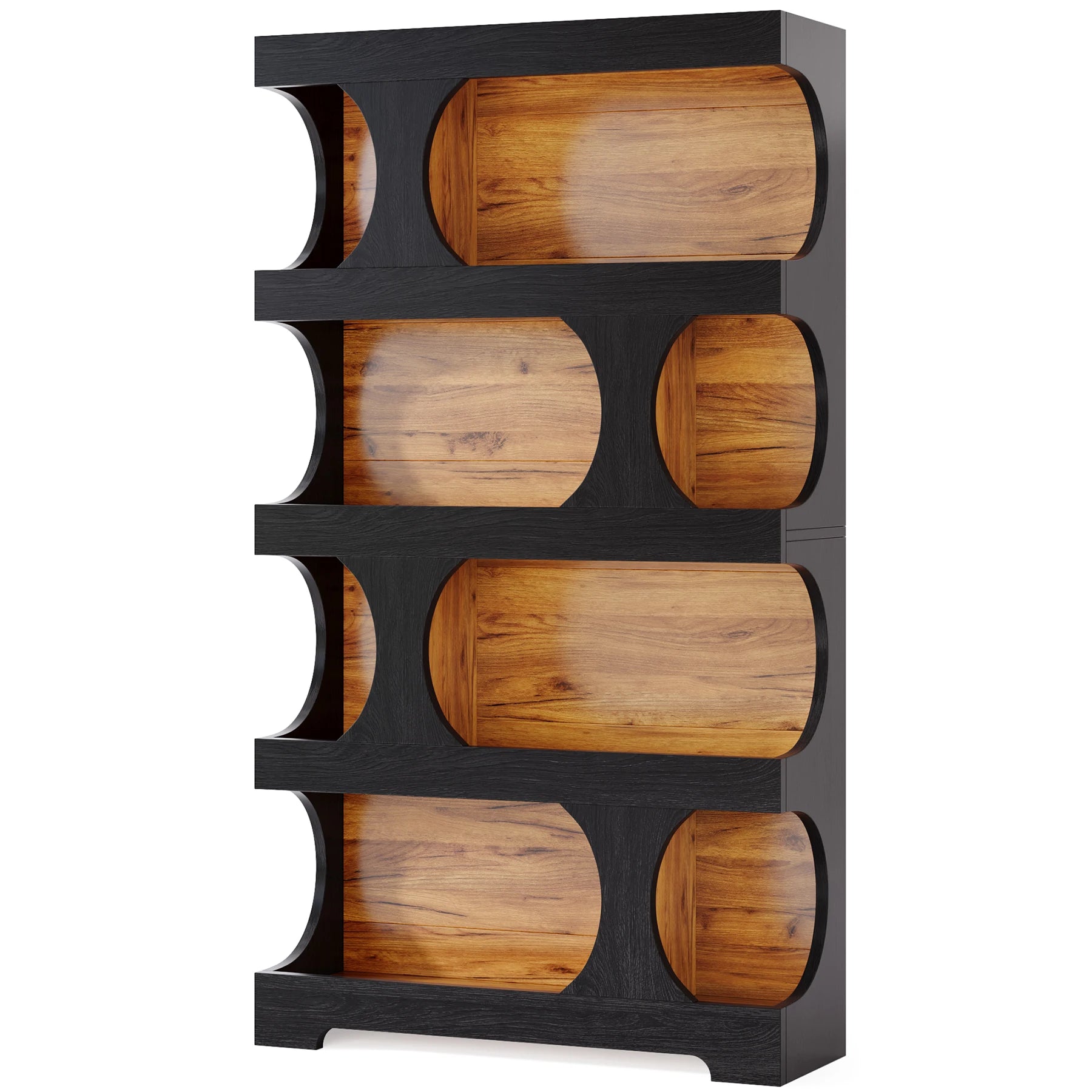 Two-Tone Curved Bookcase with Sculptural Cutout Shelves for Living Room — 71" Tall, 4 Tiers