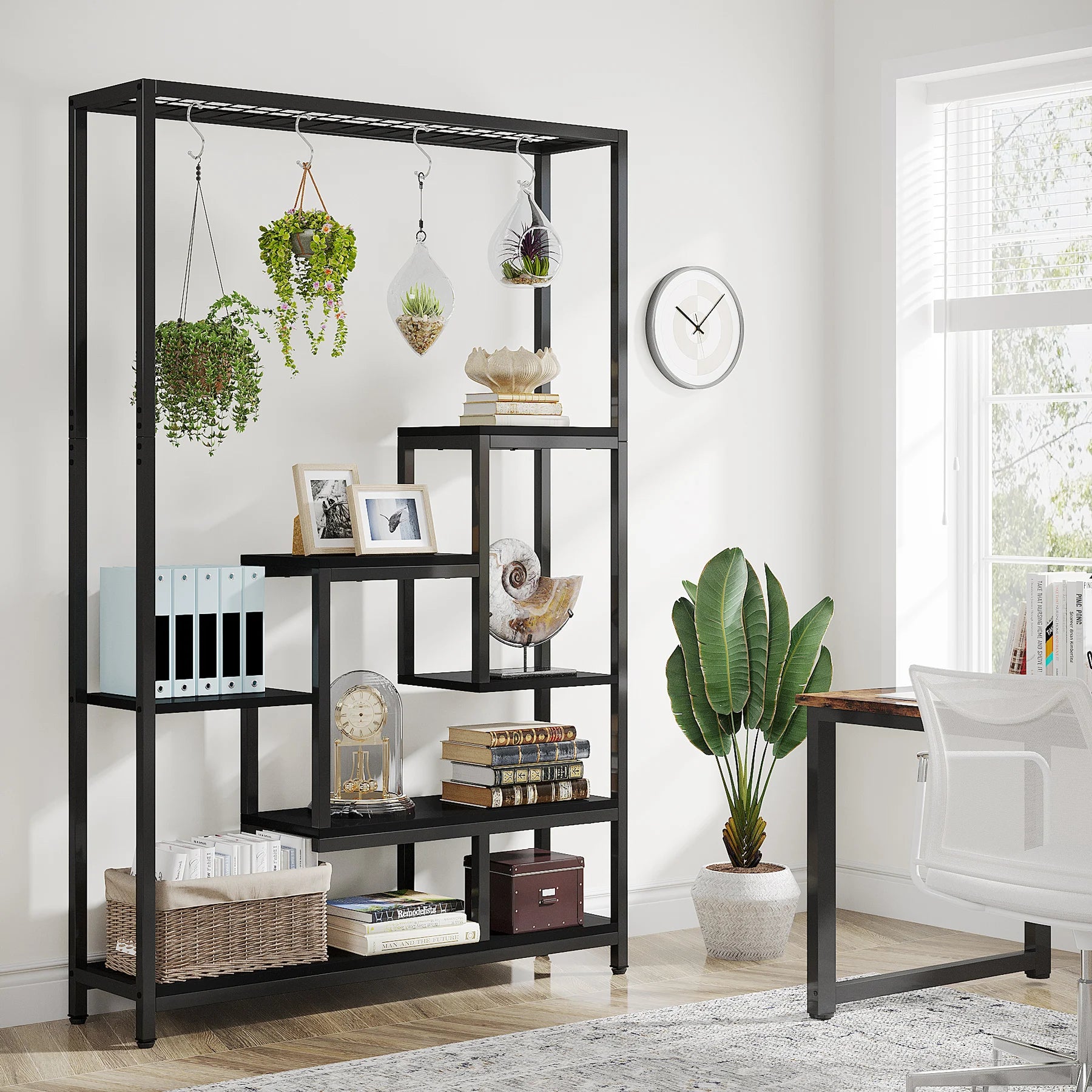 Industrial Metal Plant Stand with Hanging Hooks for Living Room — 5-Tier, 70.9in Tall